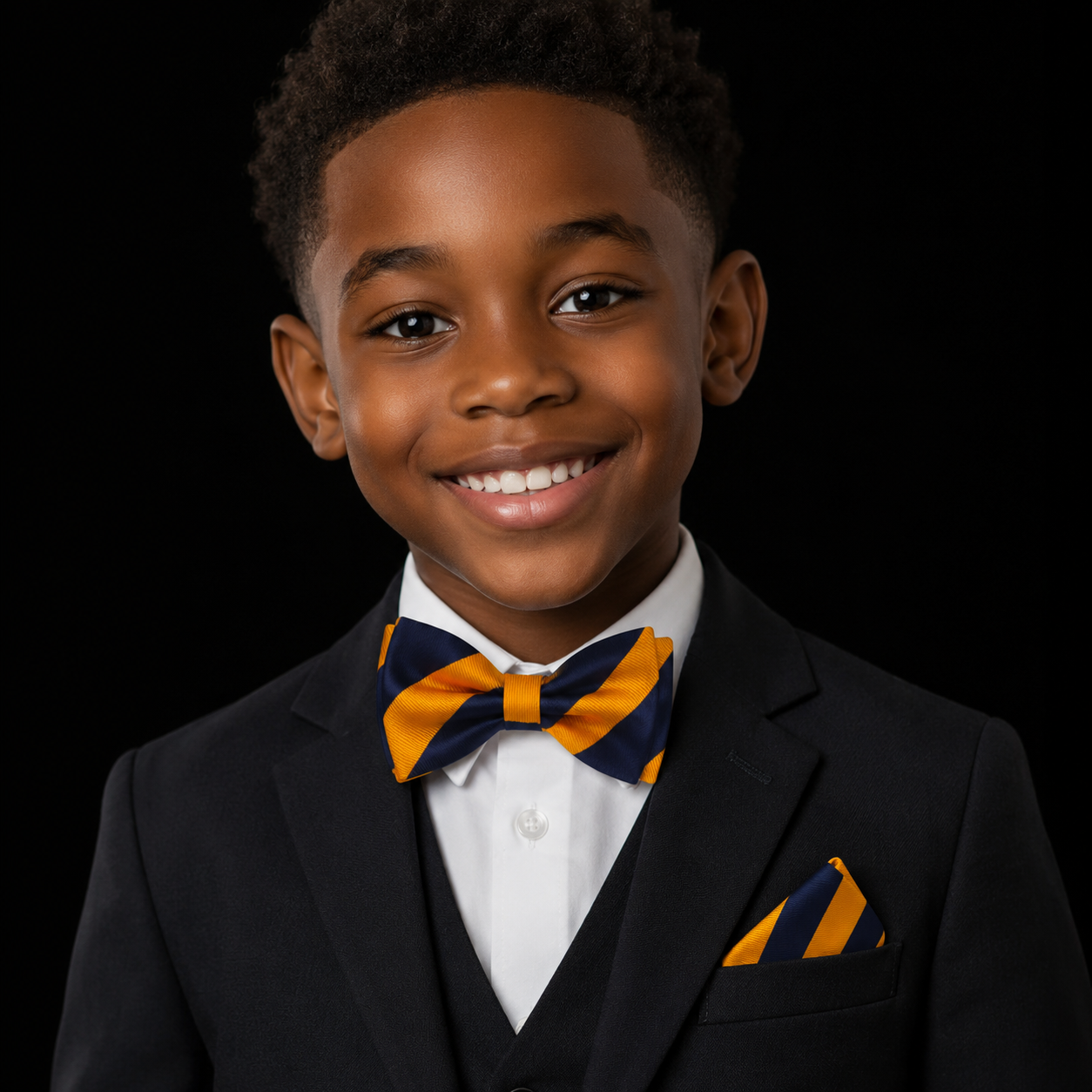 Young boy in a suit with a yellow and blue bow tie on a black background