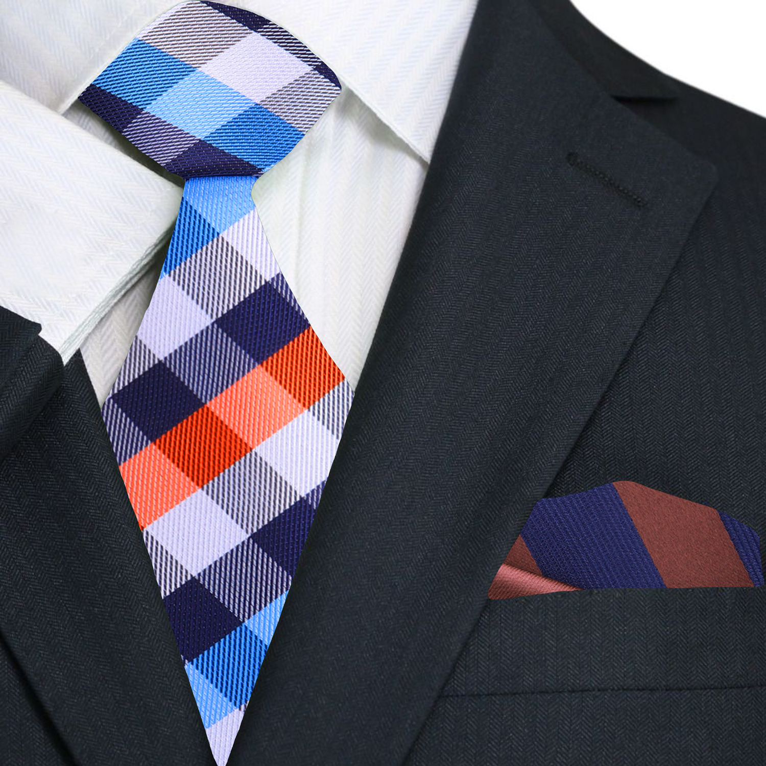 White, Blue, Orange Check Necktie and Stripe Square