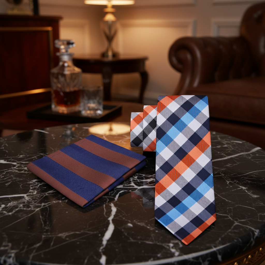 Alt White, Blue, Orange Check Necktie and Stripe Square