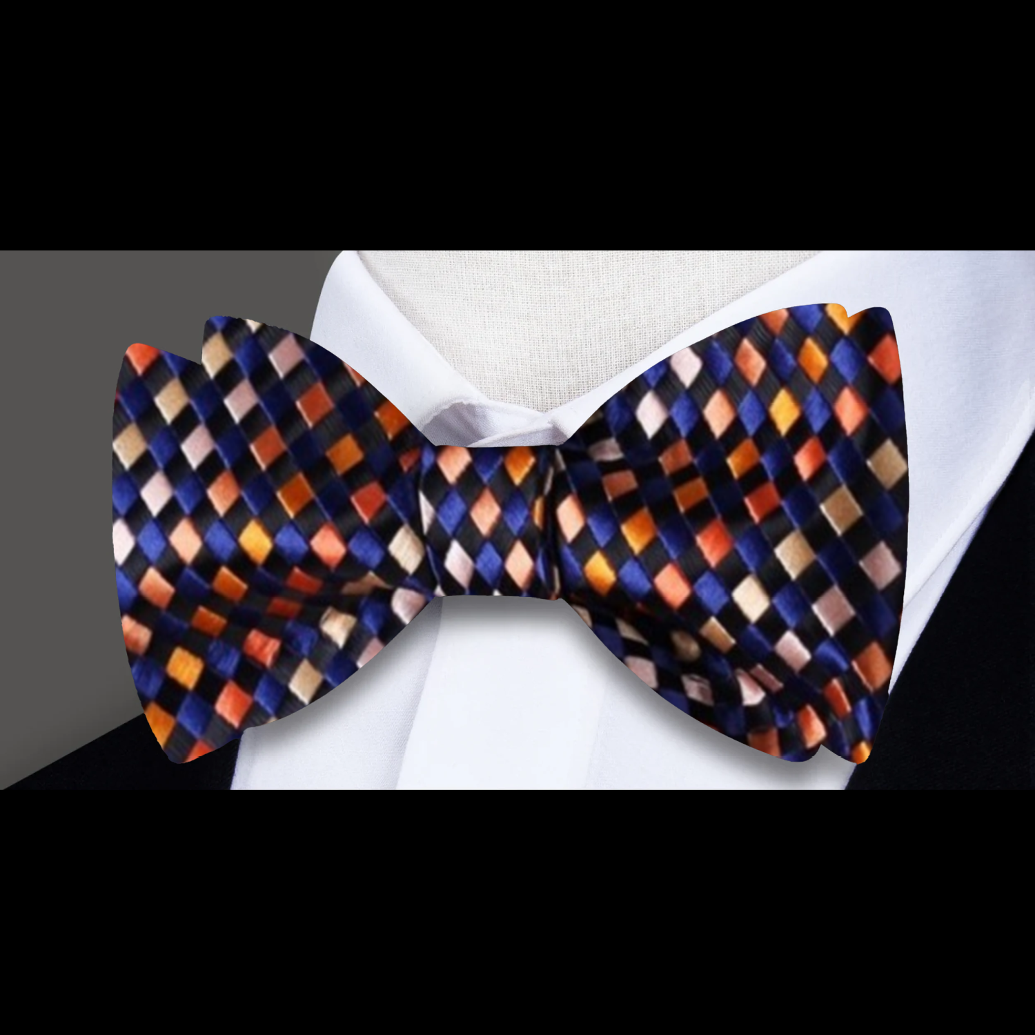 A Orange, Blue Small Geometric Check Pattern Silk Self Tie Bow Tie