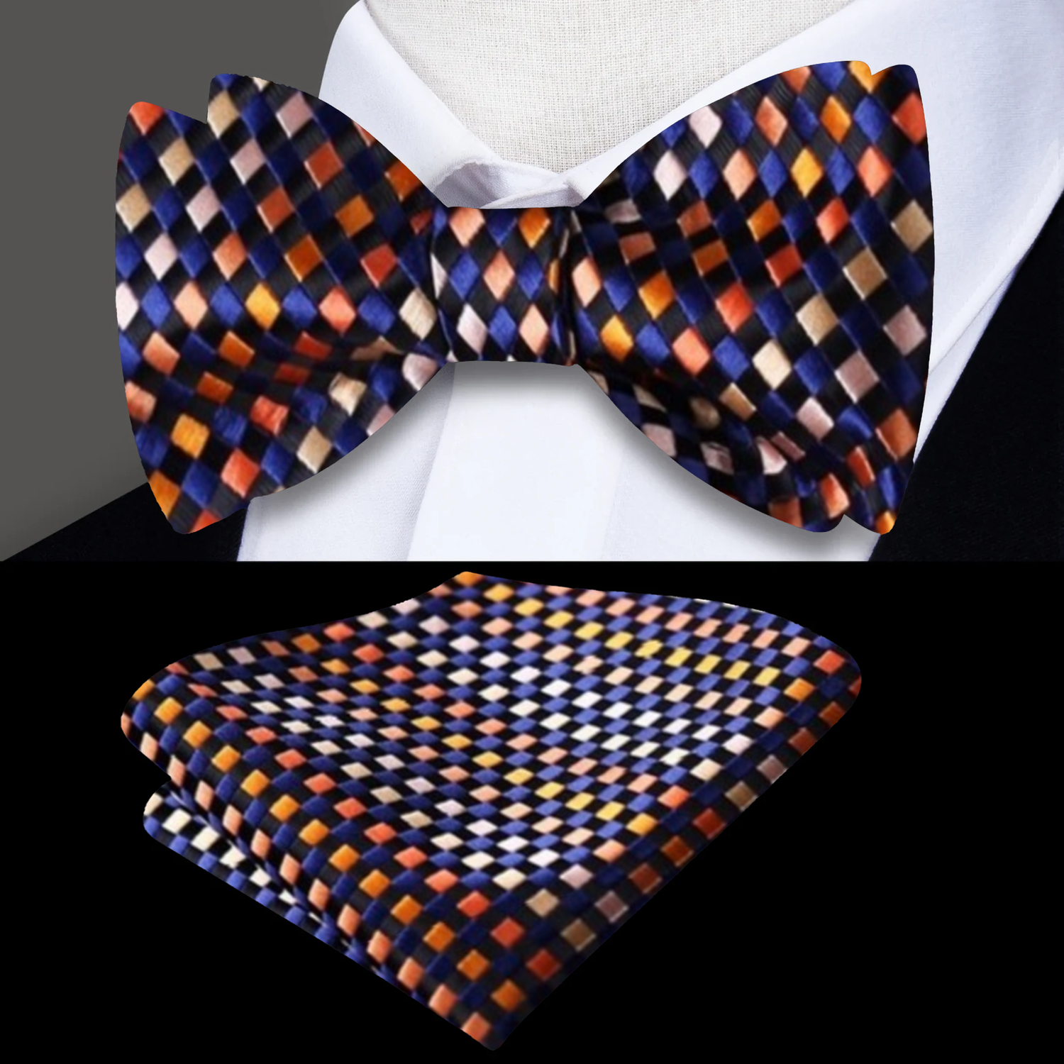 A Orange, Blue Small Geometric Check Pattern Silk Self Tie Bow Tie, Pocket Square