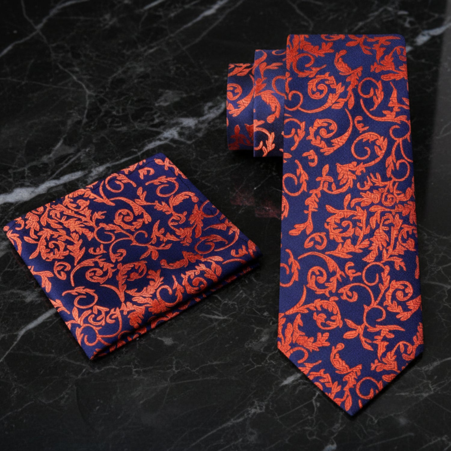 Alt: Blue, Orange Floral Tie and Accenting Square||Blue, Orange