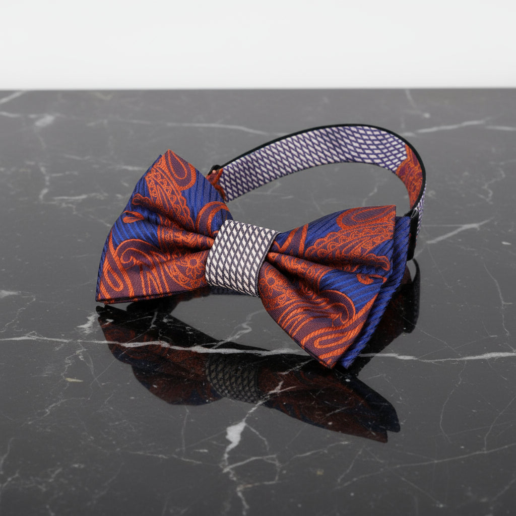 Blue, Grey, Orange Paisley Bow Tie Pre Tied