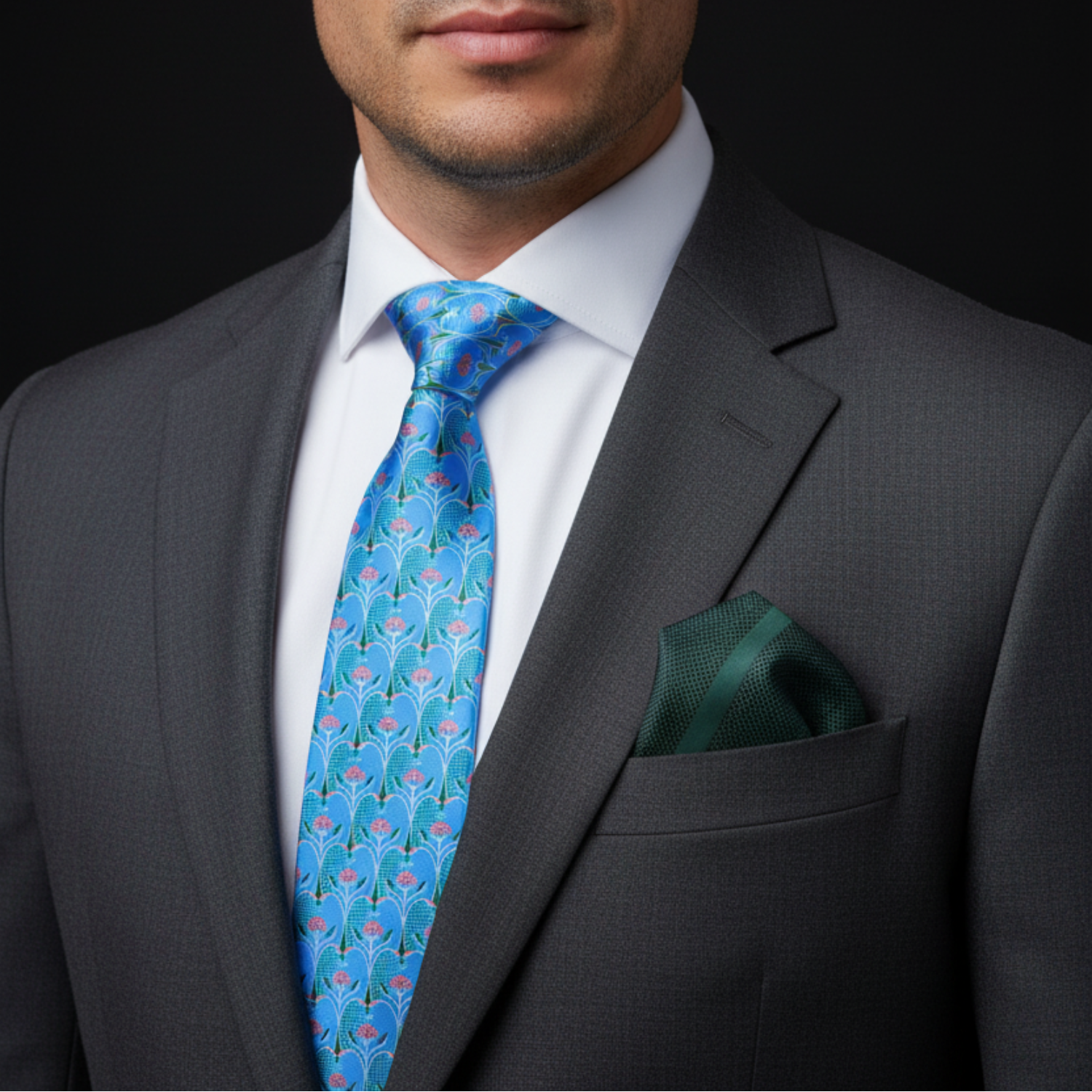 Man wearing a gray suit with a blue tie and green pocket square on a black background