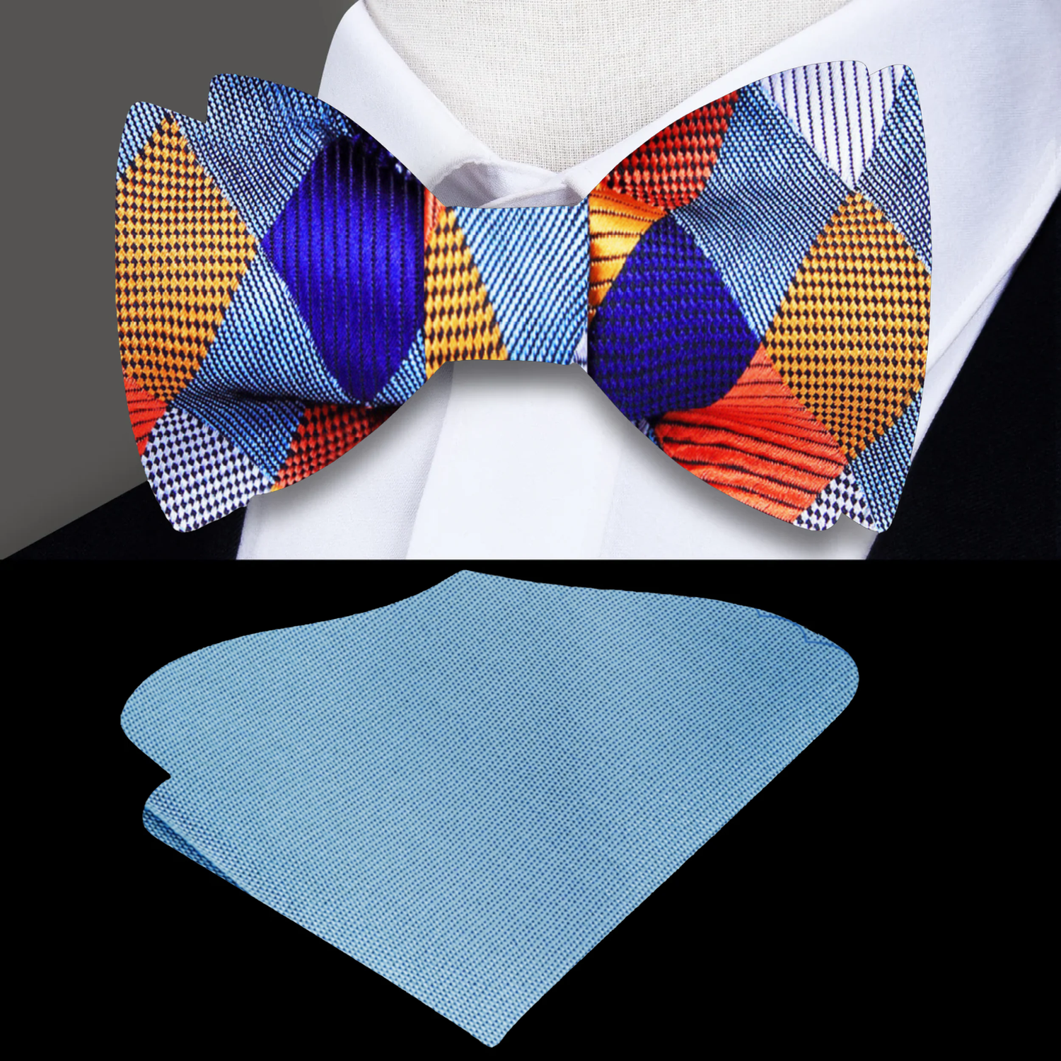 A Grey, Blue, Orange Geometric Diamond Pattern Silk Self Tie Bow Tie, Solid Grey, Blue Pocket Square
