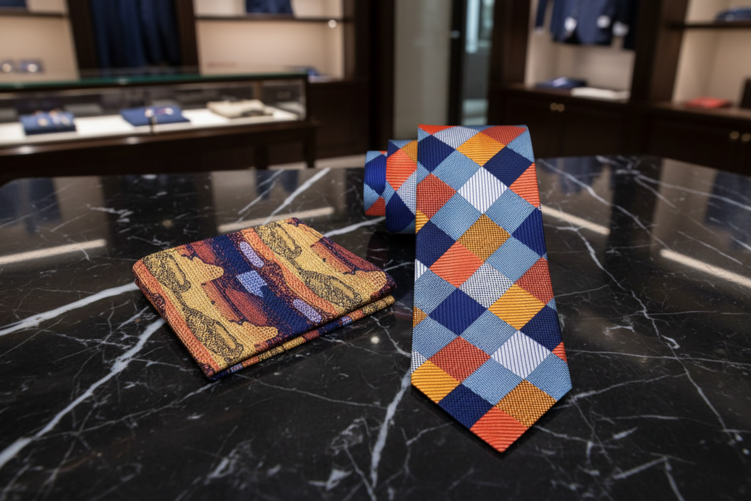 Alt Blue, Grey and Orange Check Necktie and Accenting Square