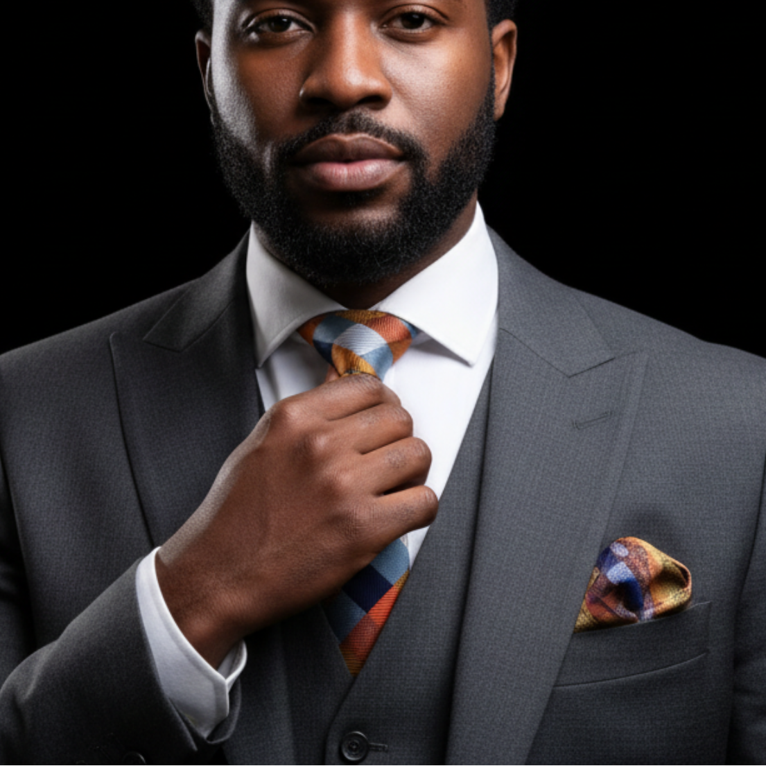 Man adjusting his tie in a gray suit with a black background