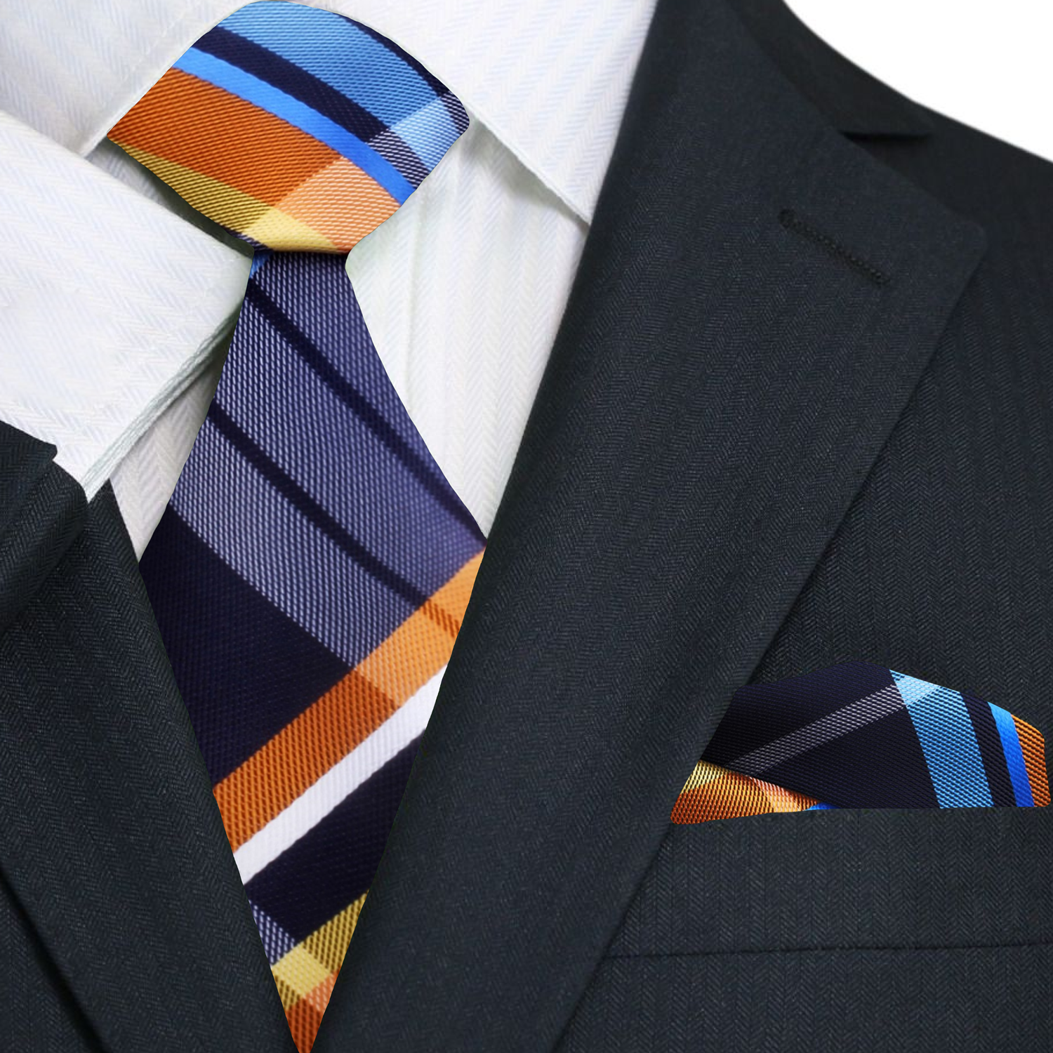 Premium Blue, Orange, Light Blue Plaid Pattern Silk Necktie, Matching Pocket Square
