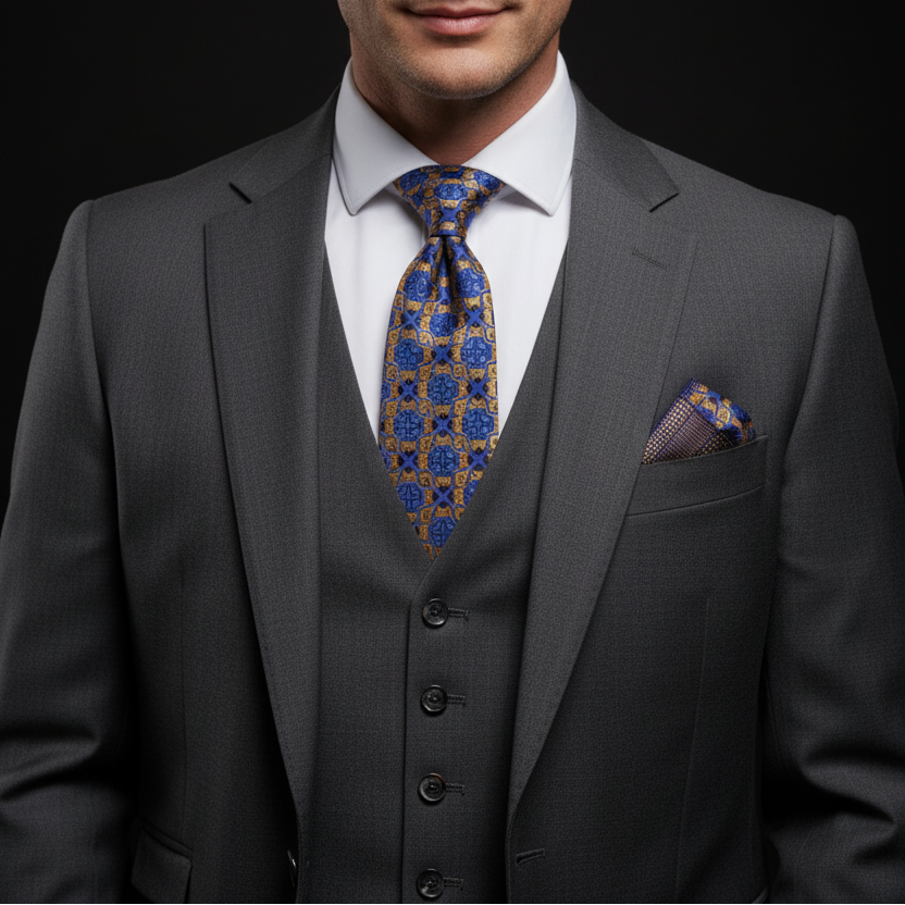 Royal Blue and Gold Geometric Necktie with Diamond Tile Pattern