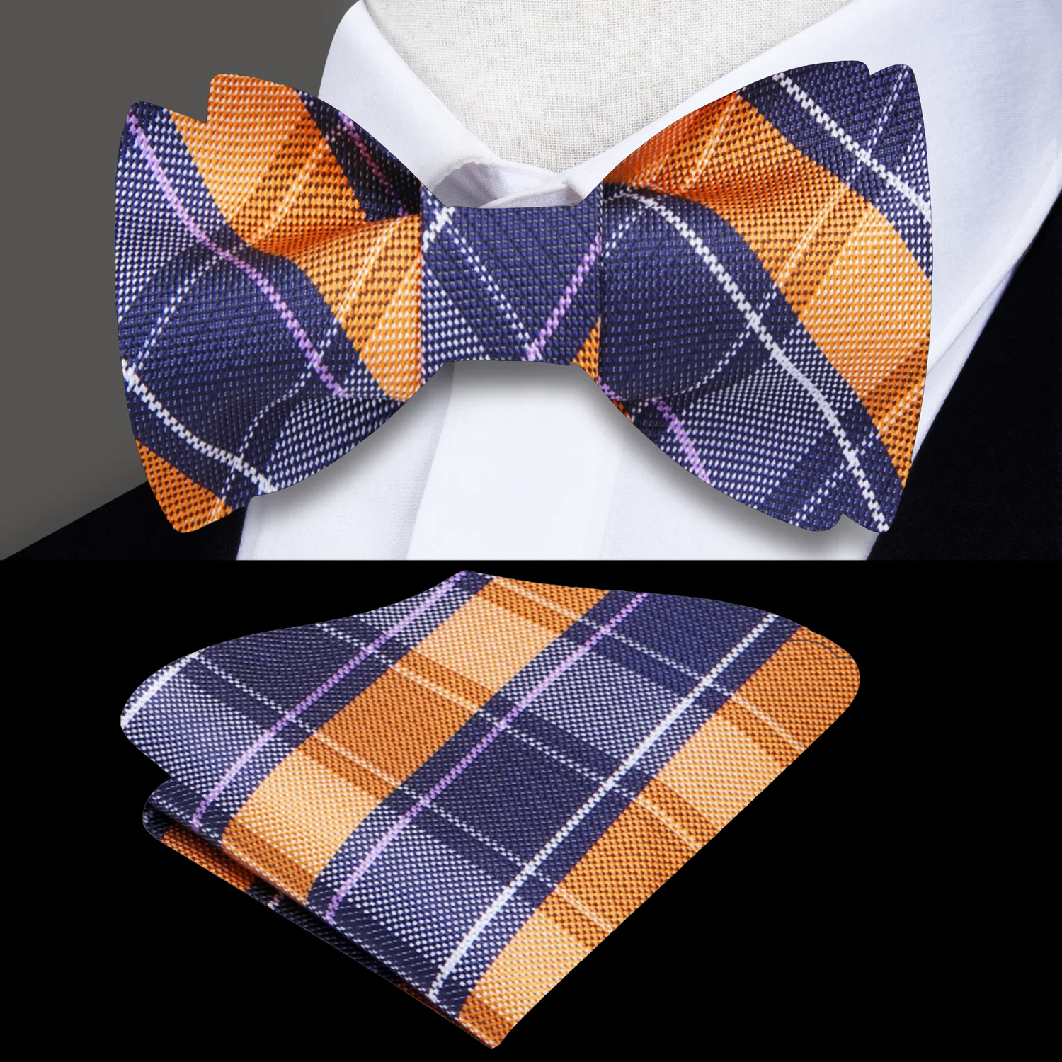 Orange and Purple Plaid Bow Tie and Pocket Square