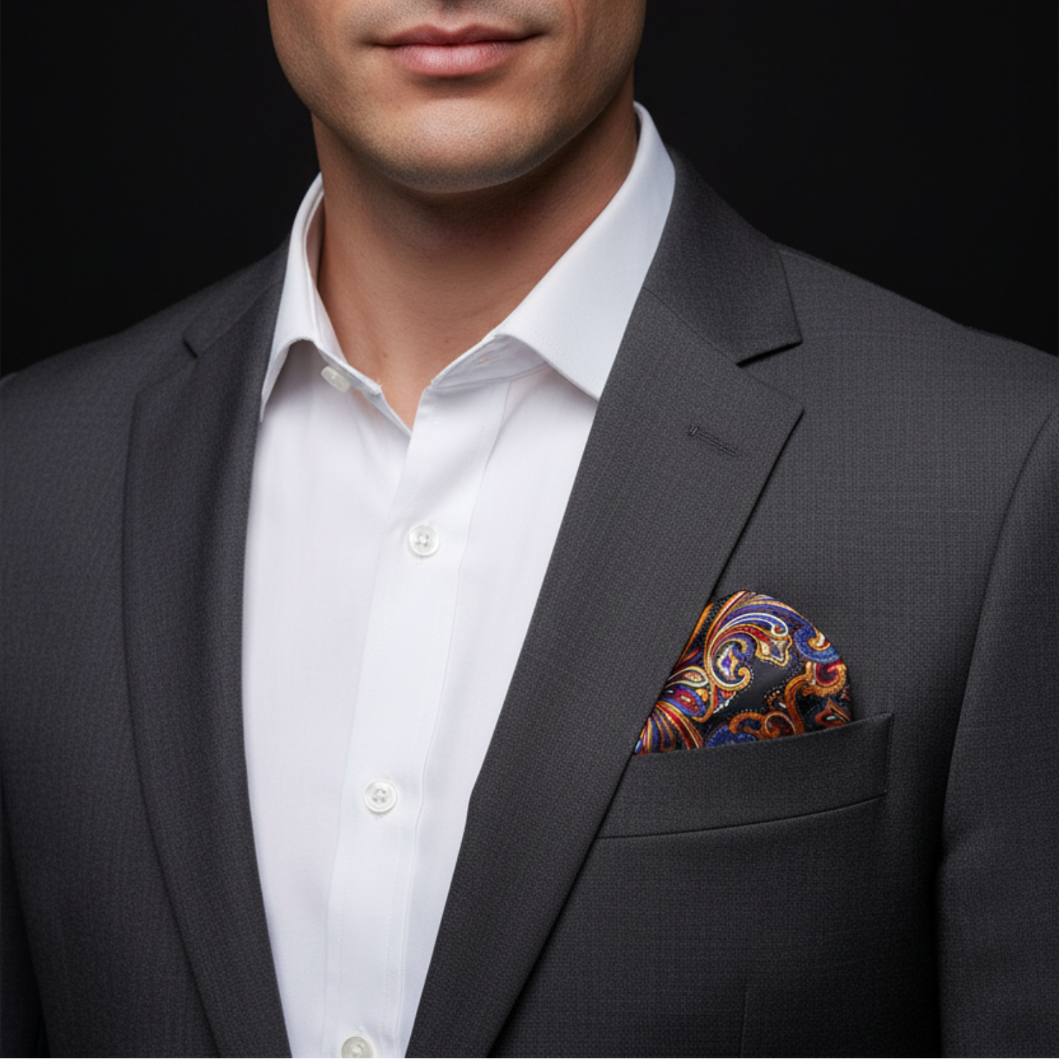 Man wearing blue, orange and red paisley pocket square