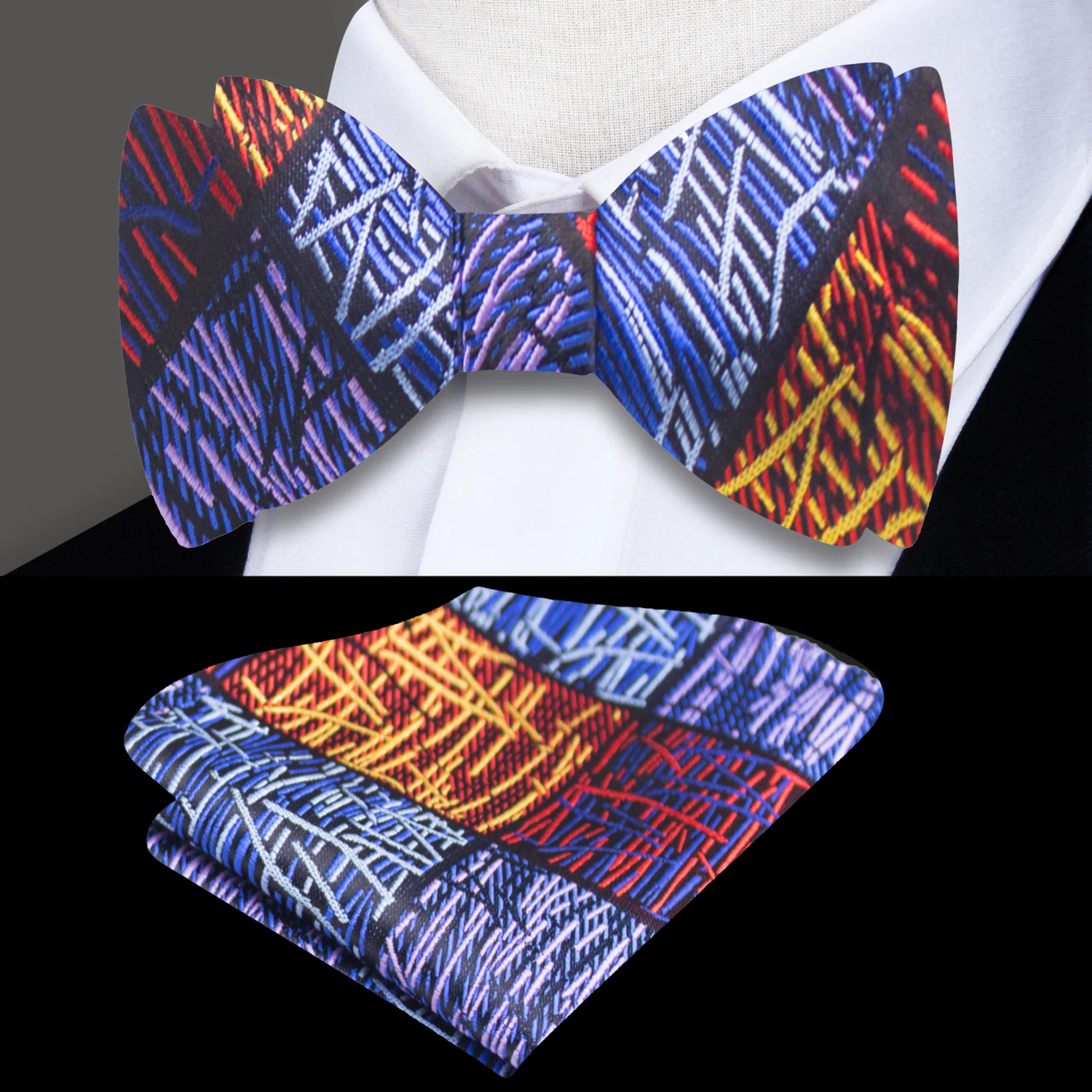 A Orange, Red, Blue, Purple Abstract Lines with Geometric Shapes Pattern Self Tie Bow Tie, Matching Pocket Square