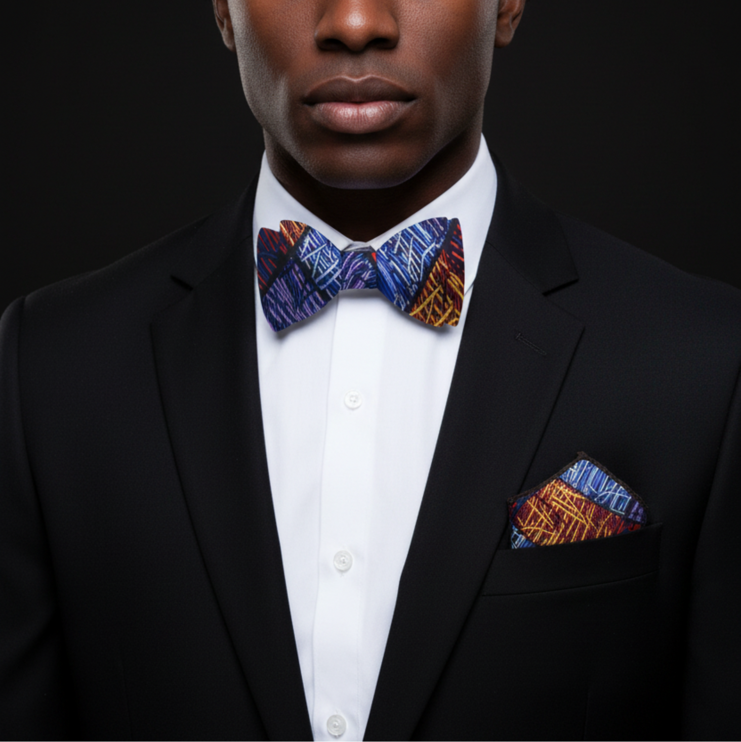 Man wearing a black suit with a colorful bow tie and pocket square against a black background