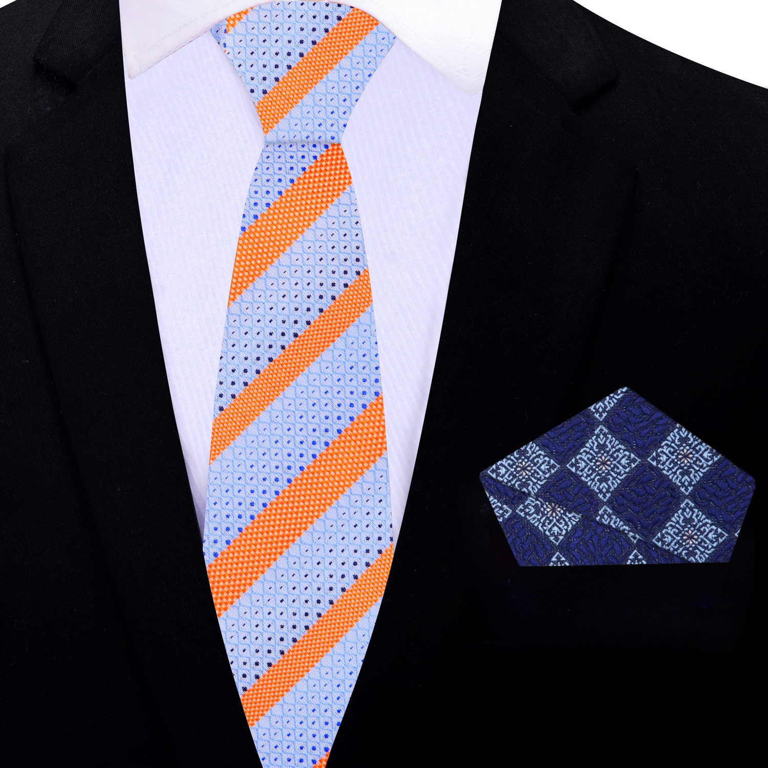 Thin Tie Main View: Light Blue, Orange Stripe Tie and Accenting Blue Geometric Pocket Square