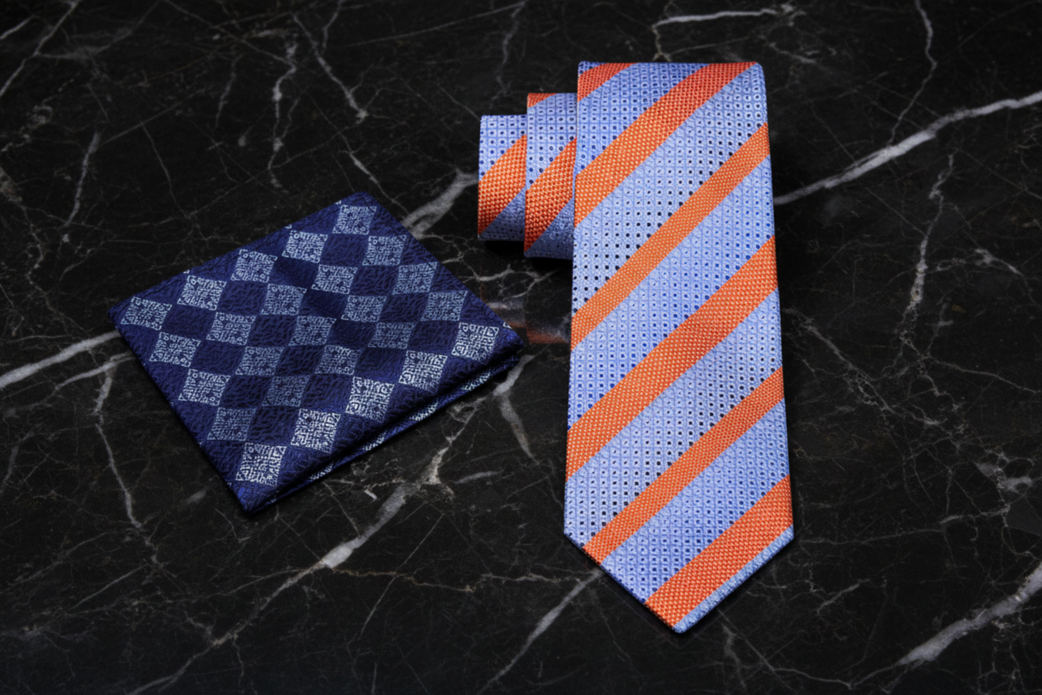 Alt View: Main View: Light Blue, Orange Stripe Tie and Accenting Blue Geometric Pocket Square