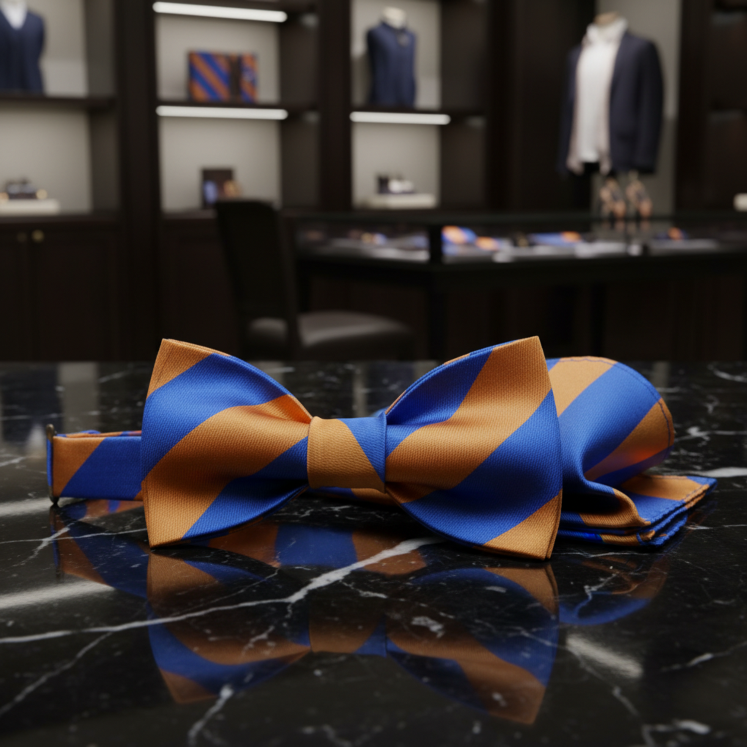 Main View: A Orange, Blue Stripe Pattern Self Tie Bow Tie, Matching Pocket Square