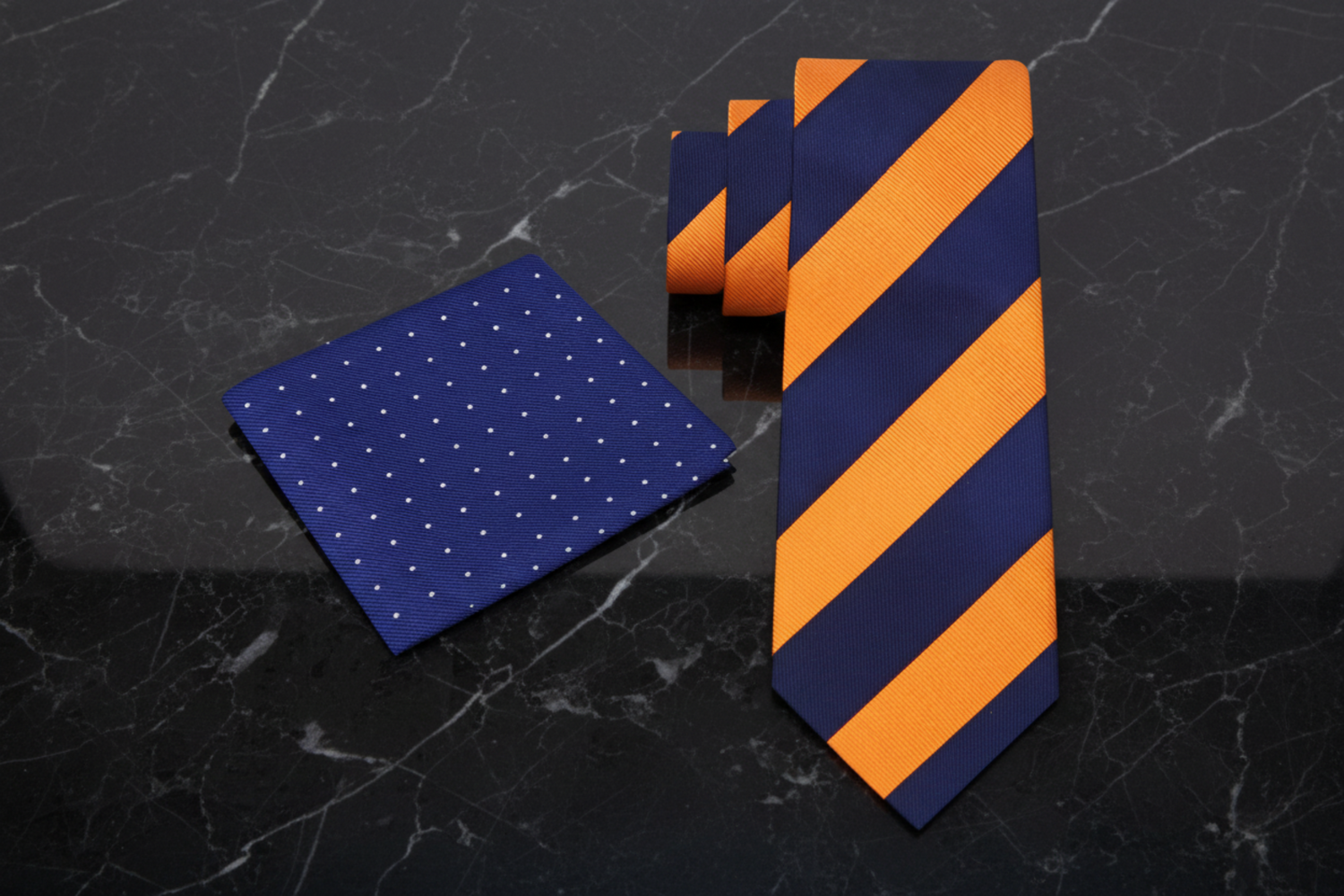 Alt Blue, Orange Block Stripe Necktie with Dark Blue and White Dot Square