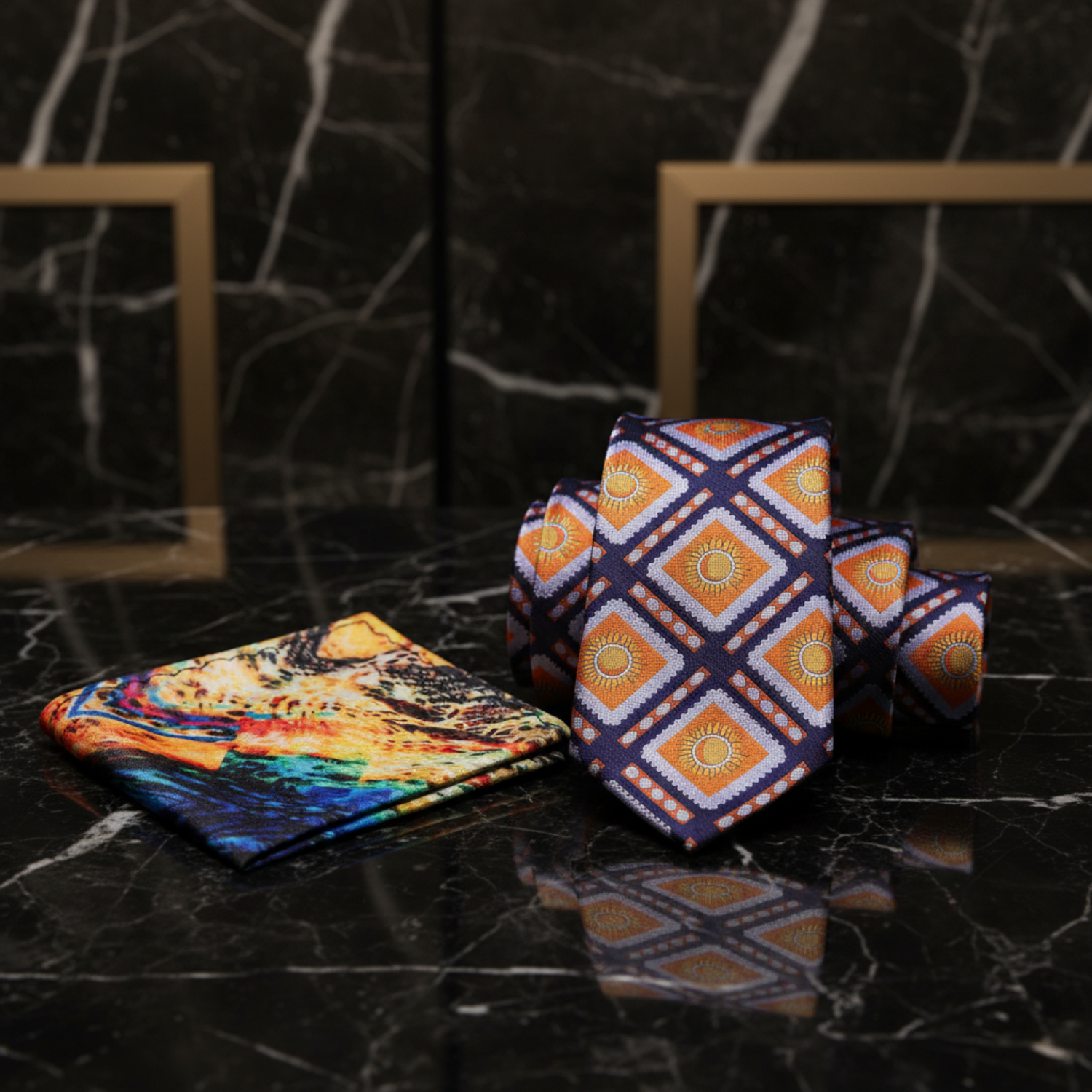 Blue, Orange & Gold Sunburst Diamond Necktie | Bold Geometric Pattern