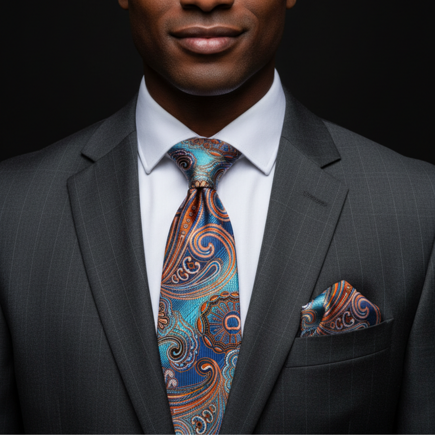 Man wearing a gray suit with a patterned tie and pocket square on a black background