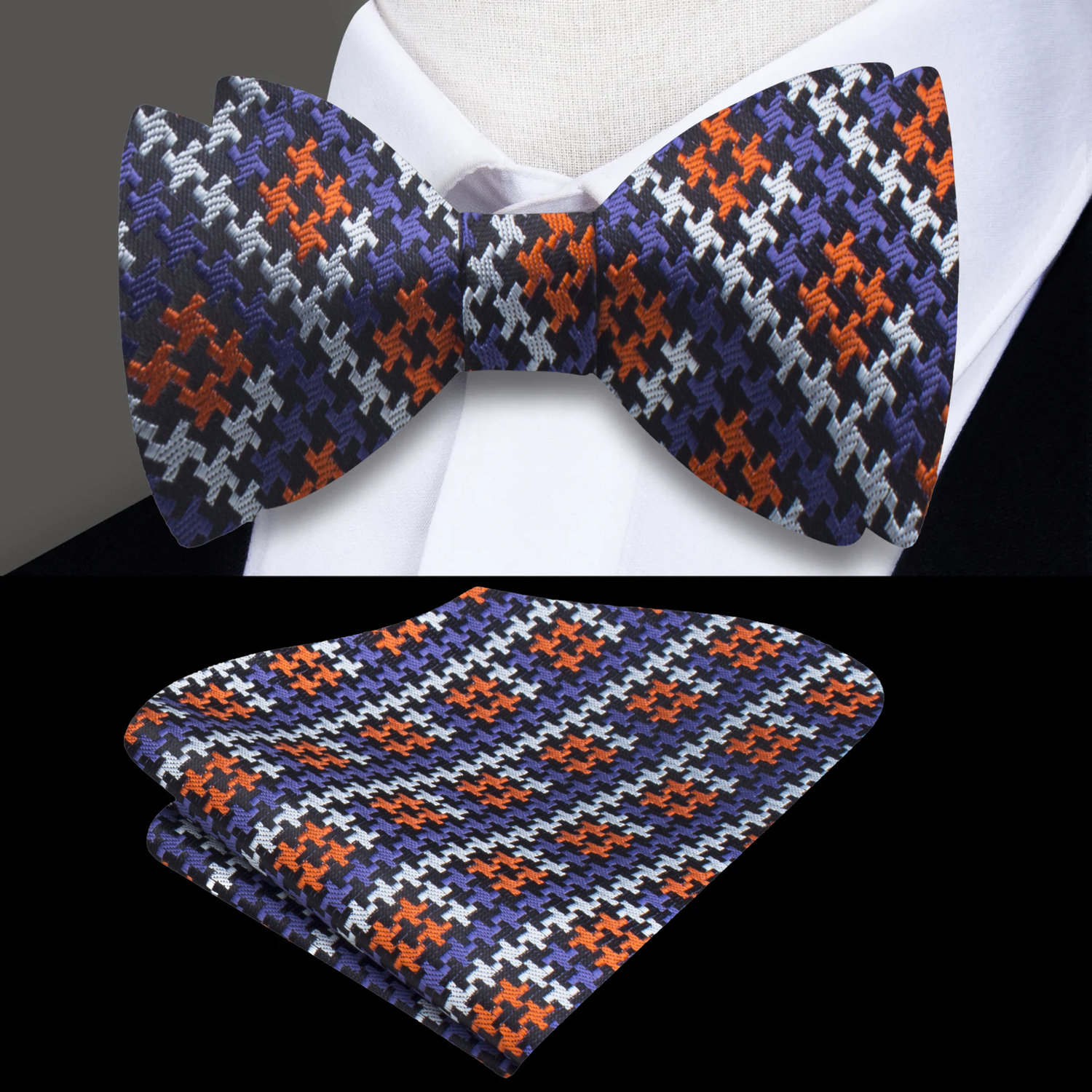 ||Blue with Orange Hounds Tooth Bow Tie and Square