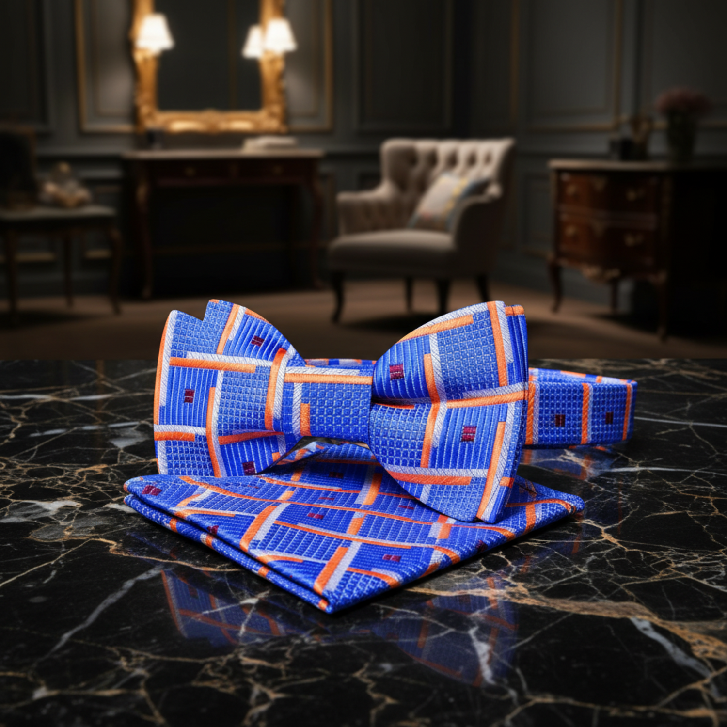 A Blue, Orange, White Geometric Squares Pattern Self Tie Bow Tie, Matching Pocket Square