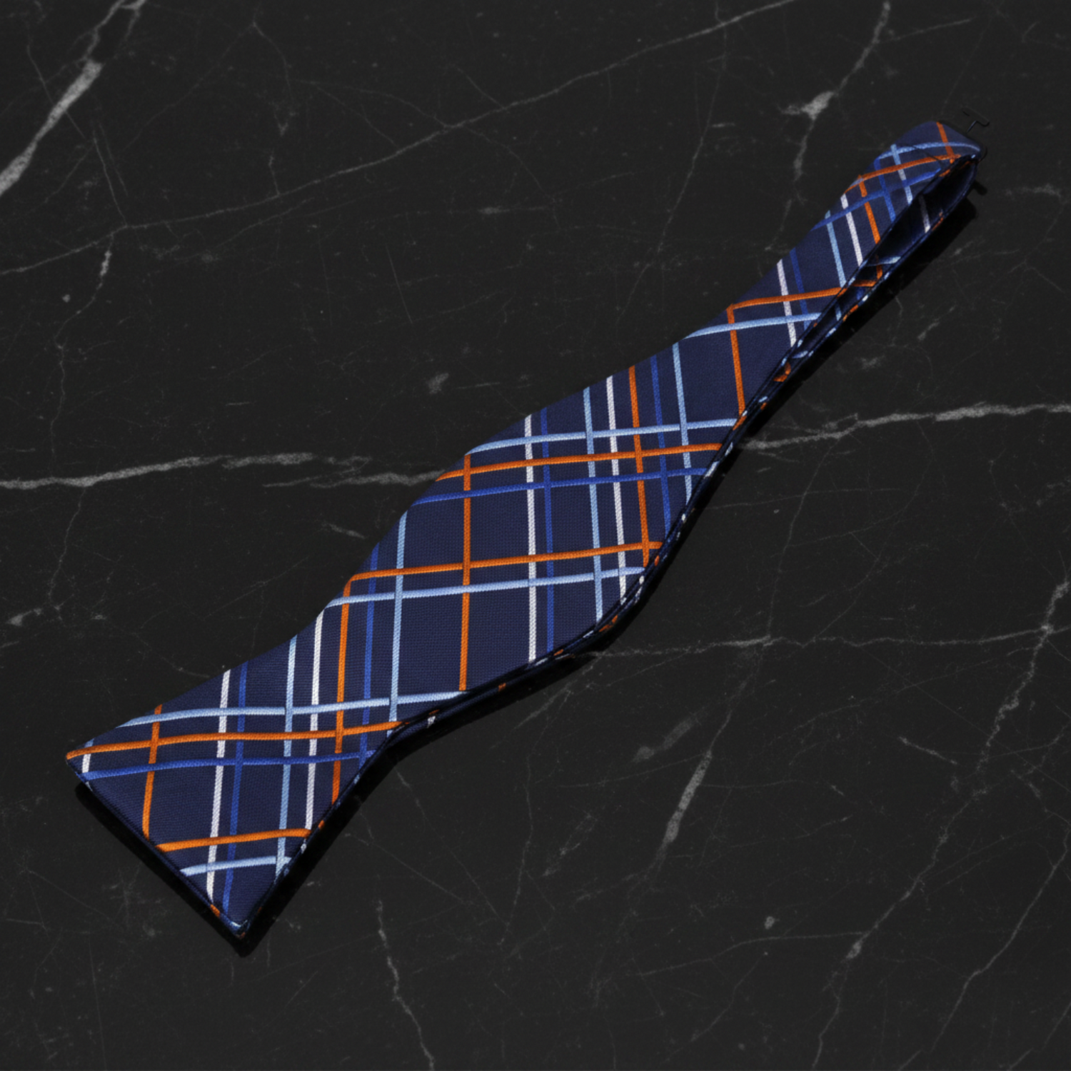 A Dark Blue, Light Blue, Orange Plaid Pattern Self Tie Bow Tie 