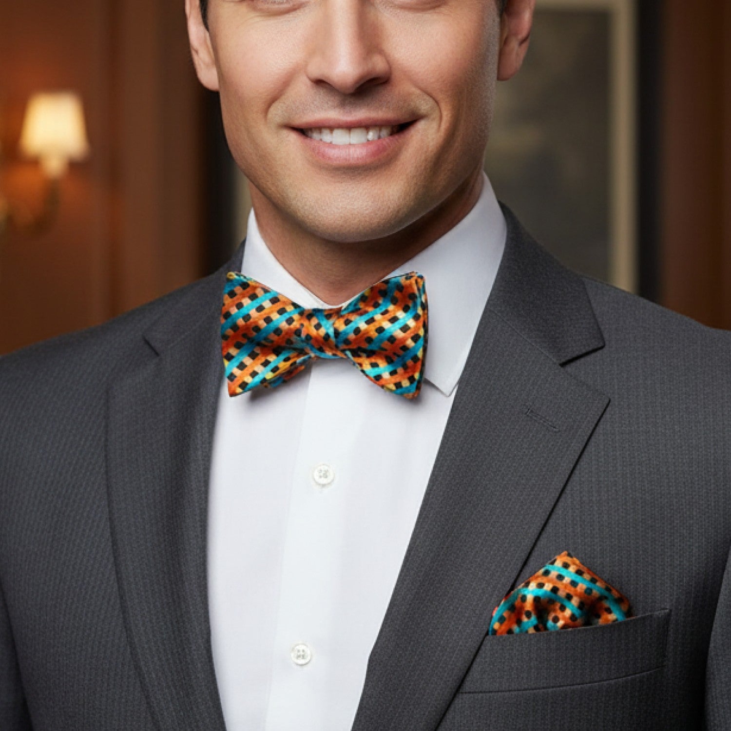 Man wearing a gray suit with a colorful bow tie and matching pocket square.