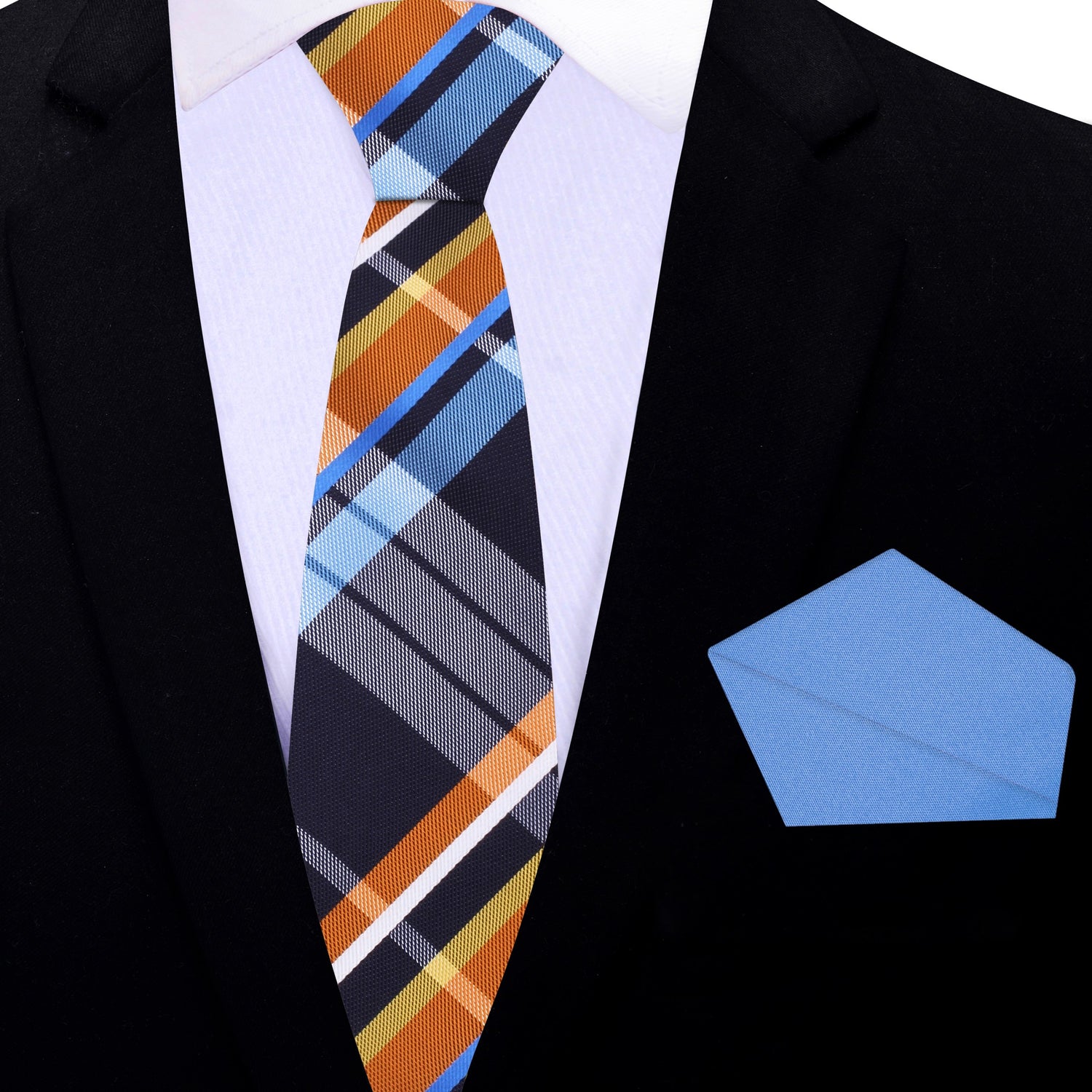 Thin Tie: Blue, Orange, White Plaid Necktie and Blue Square