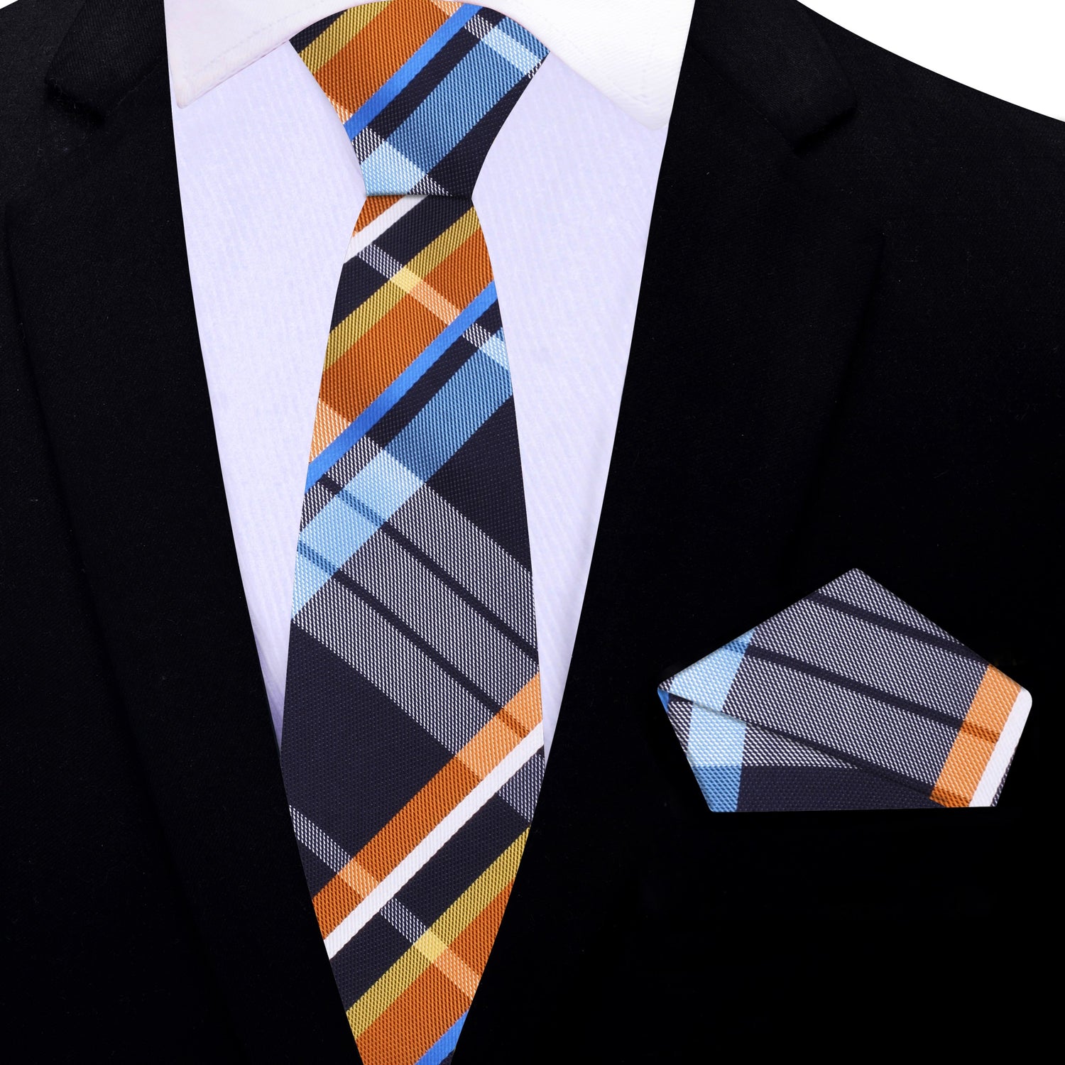 Thin Tie: Blue, Orange, White Plaid Necktie and Square