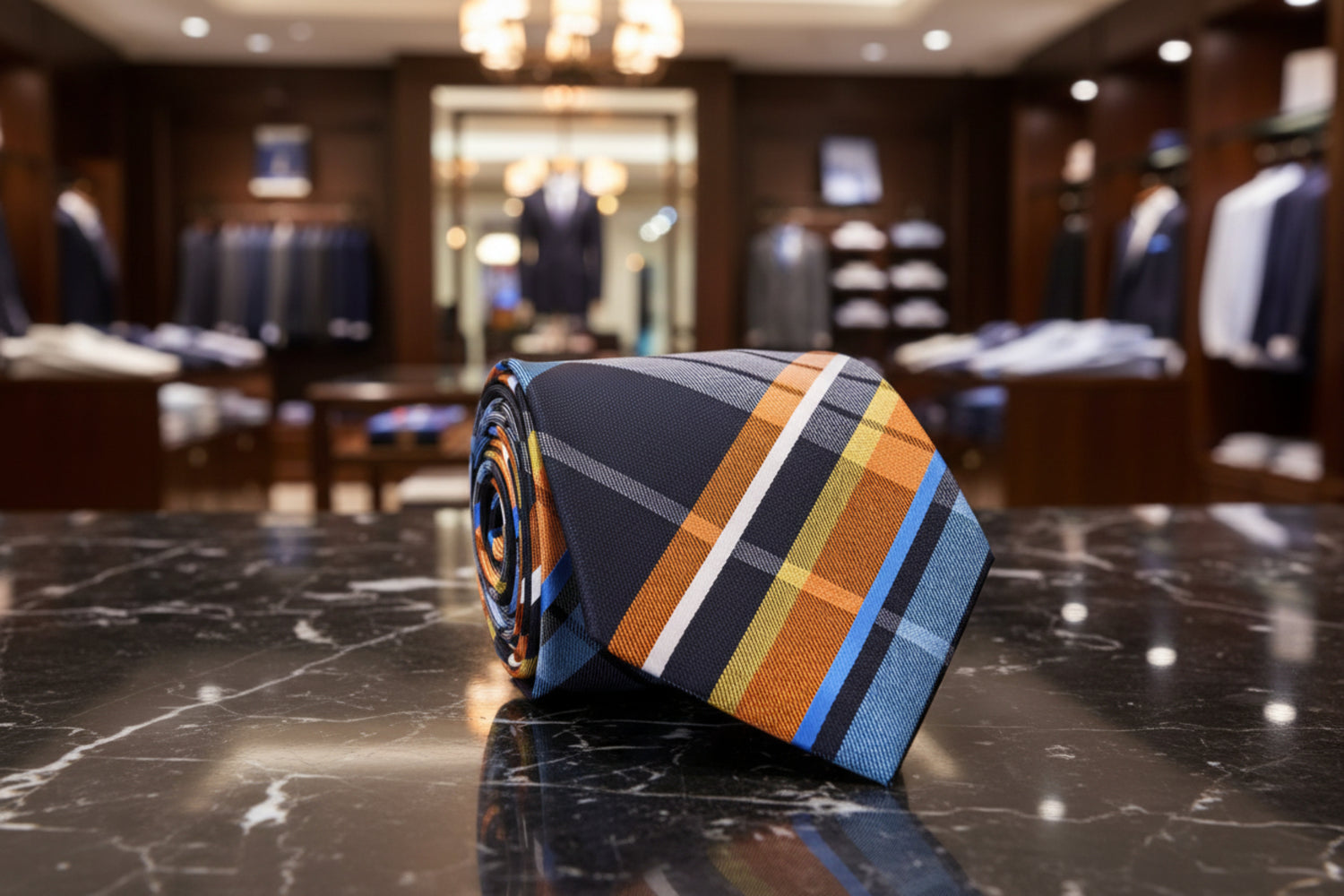 Blue, Orange, White Plaid Necktie  