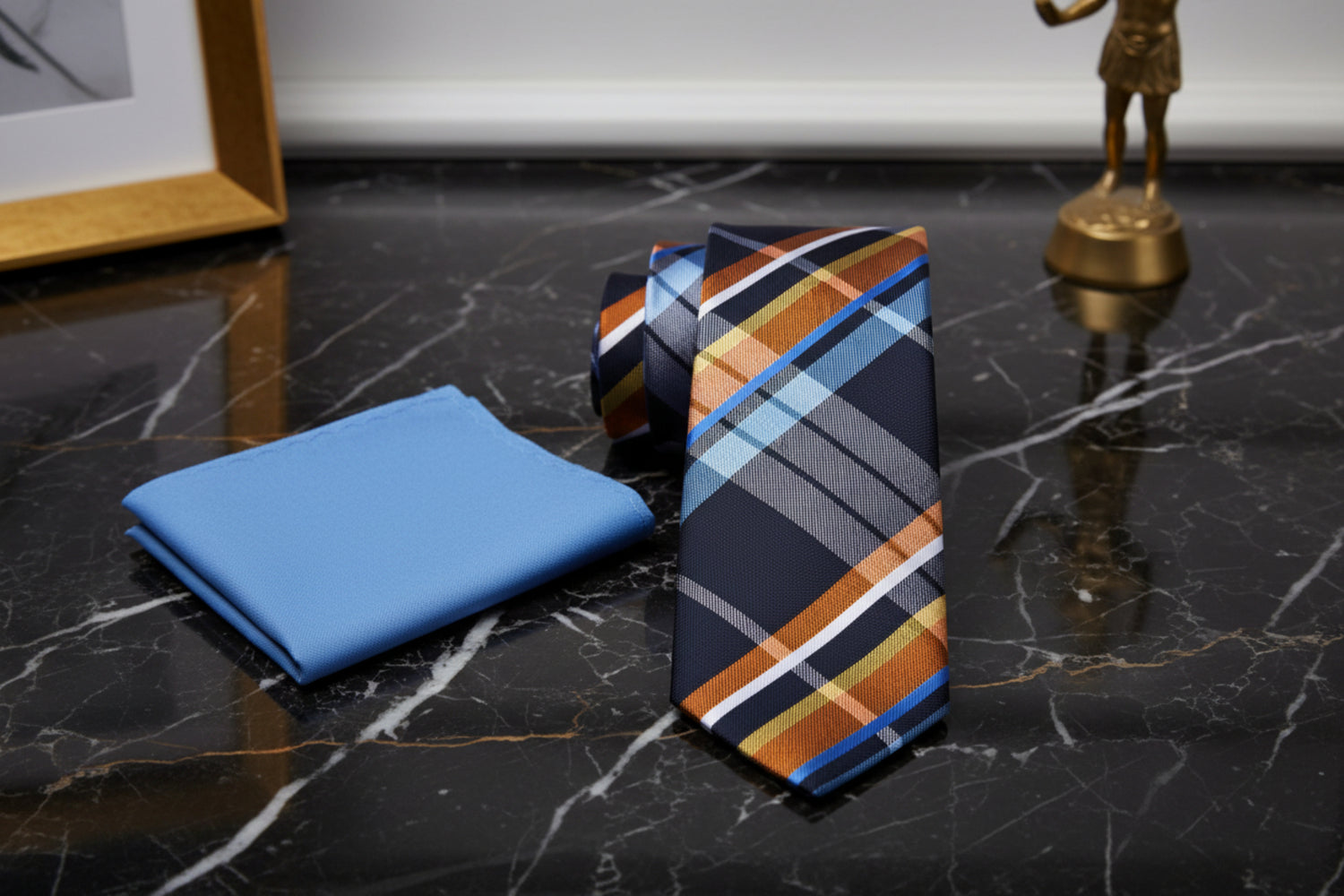 Alt View: Blue, Orange, White Plaid Necktie and Blue Square