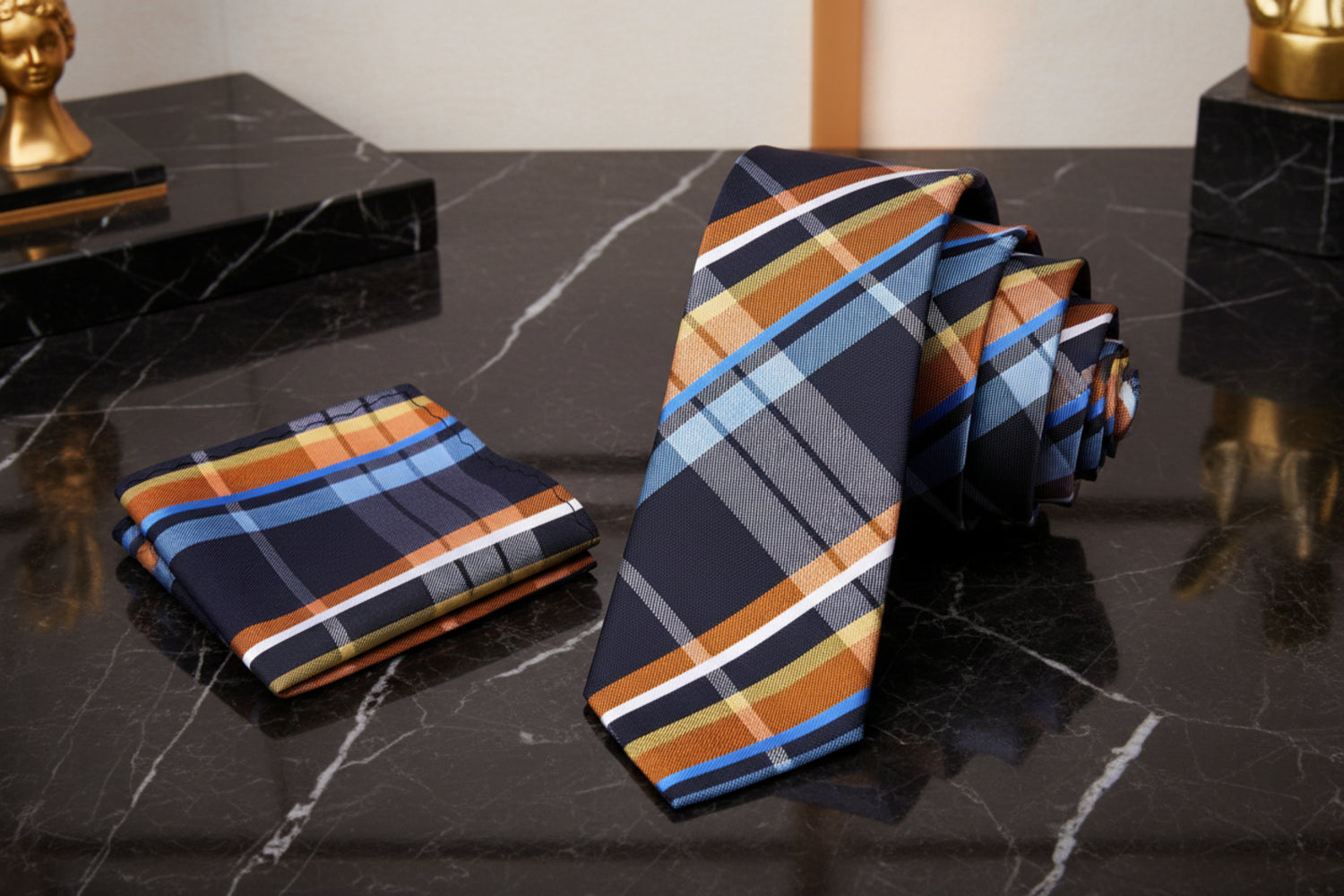 Alt View: Blue, Orange, White Plaid Necktie and Square