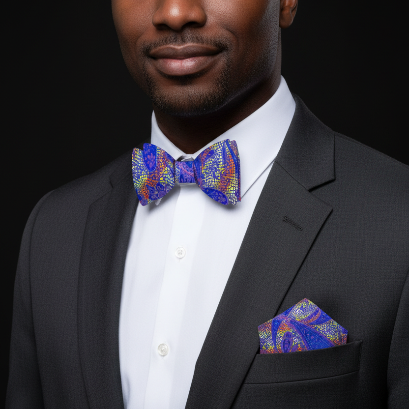Man wearing a black suit with a colorful bow tie and pocket square on a black background