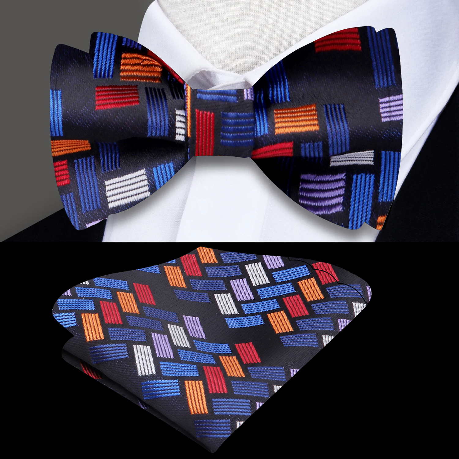 Black Orange Red Blue Geometric Jigsaw Bow Tie and Pocket Square||Black, Blue, Red, Orange, Grey