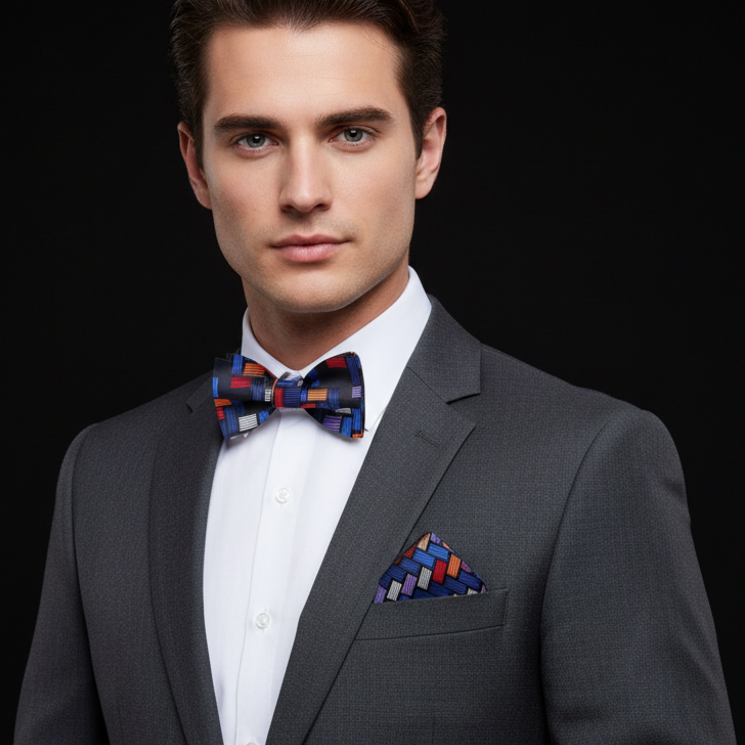 Man wearing a gray suit with a colorful bow tie and pocket square on a black background
