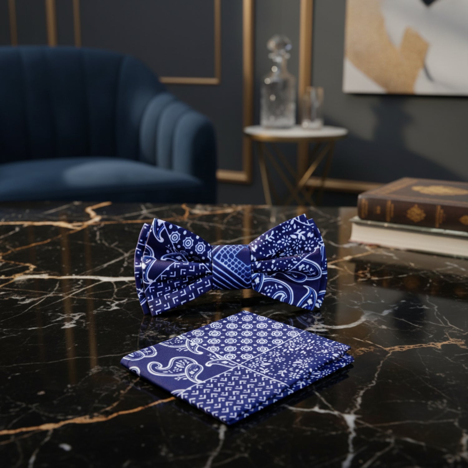 Blue and White Paisley Bow tie and Square
