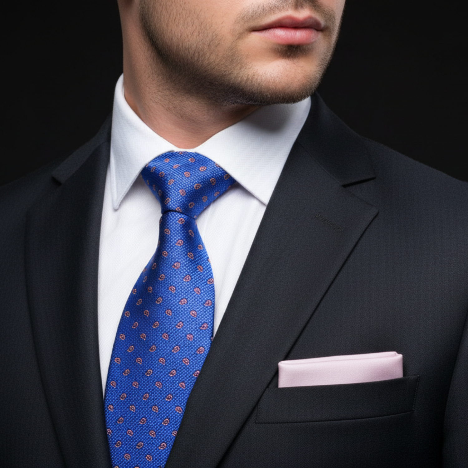 Man wearing a black suit with a blue tie and pink pocket square on a black background