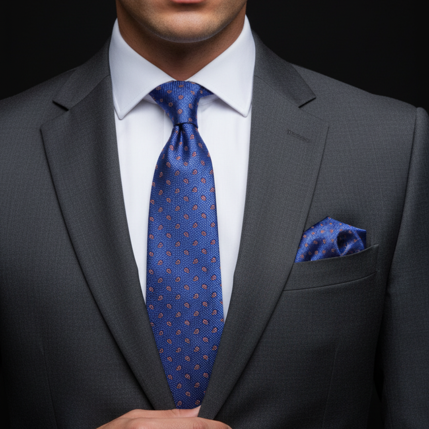 Man wearing a gray suit with a blue patterned tie and pocket square on a black background