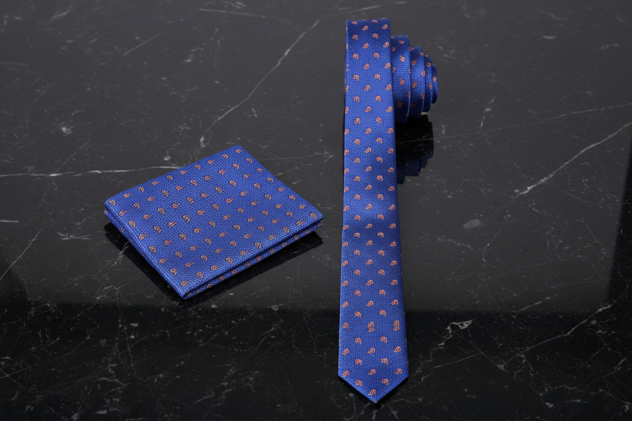 Blue patterned thin tie and pocket square on a black textured surface