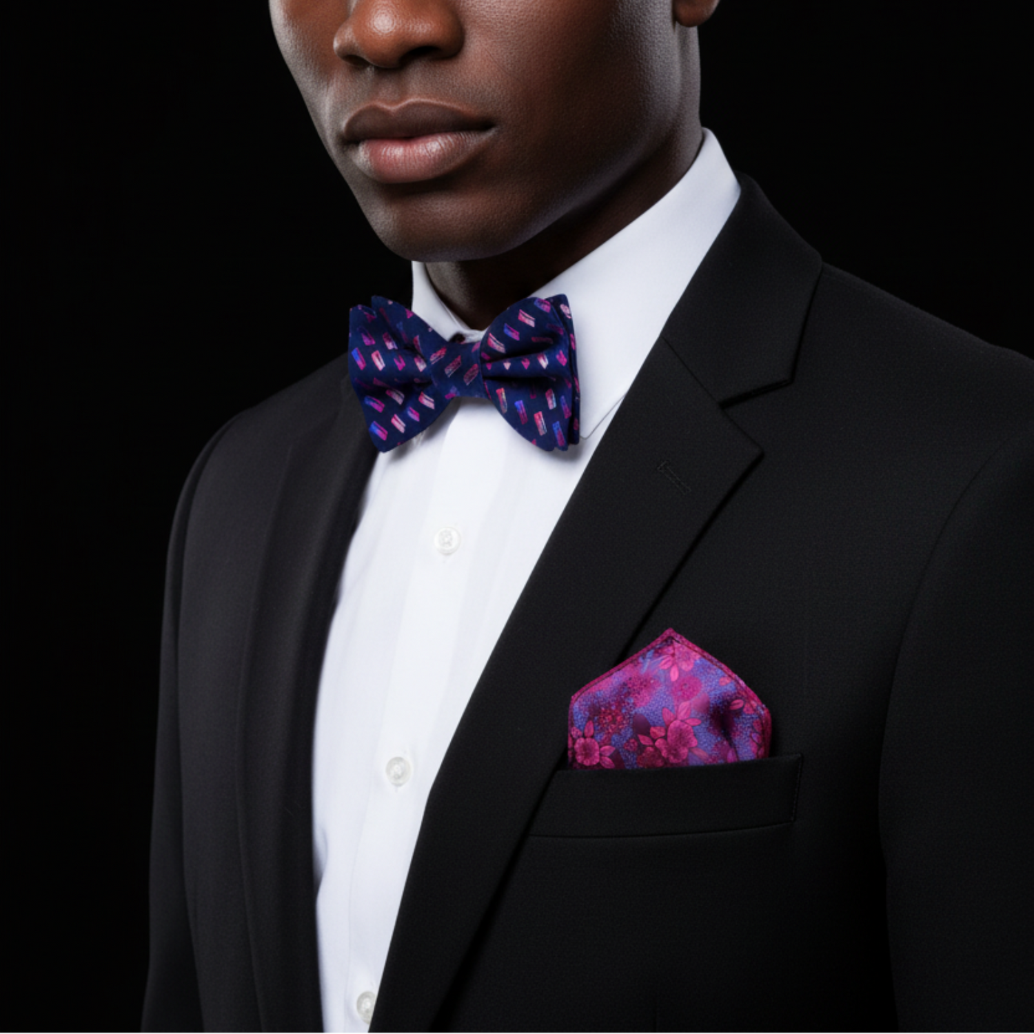 Man wearing a black suit with a colorful bow tie and pocket square on a black background