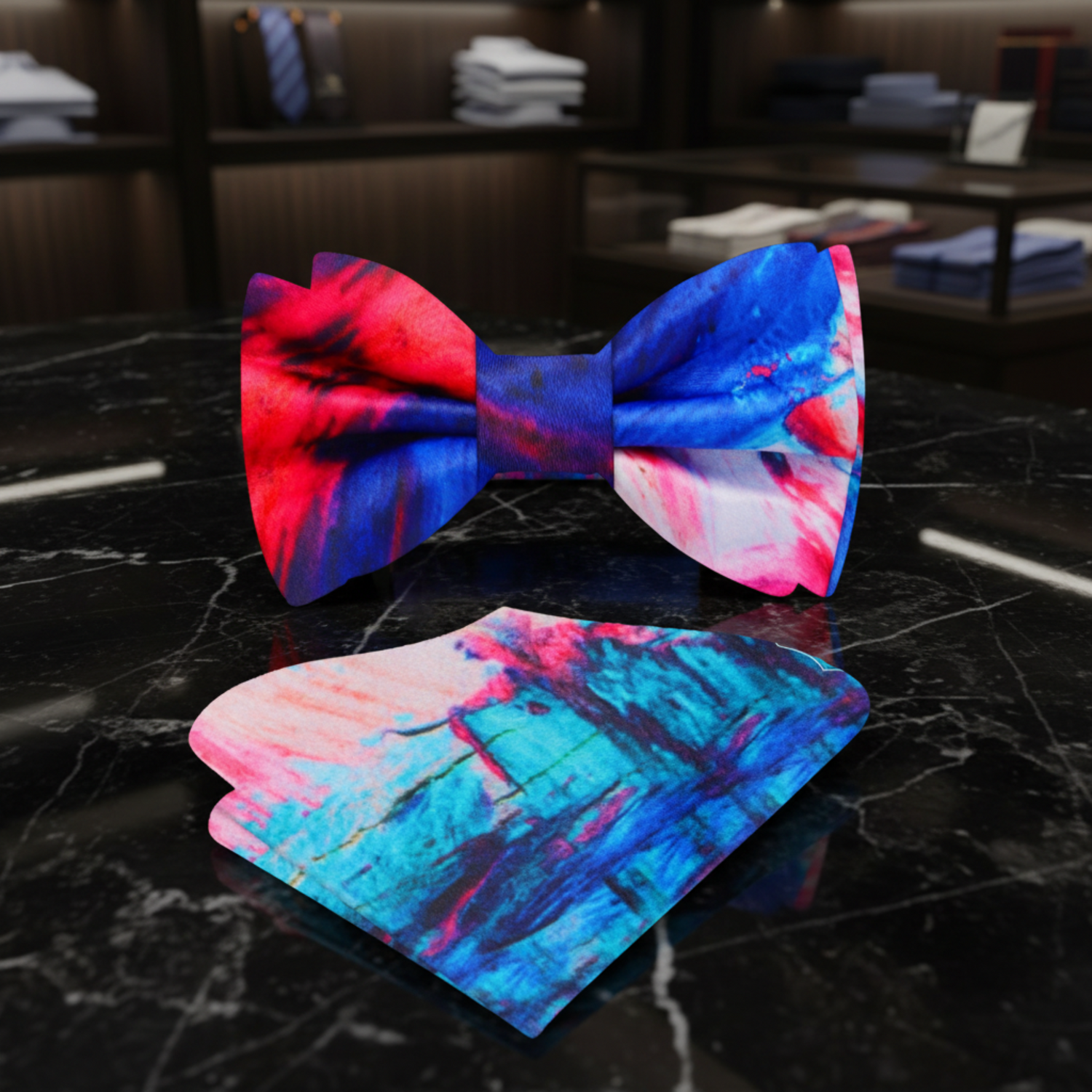 Red, Blue, Pink Abstract Bow Tie and Pocket Square||Red, Blue, Pink