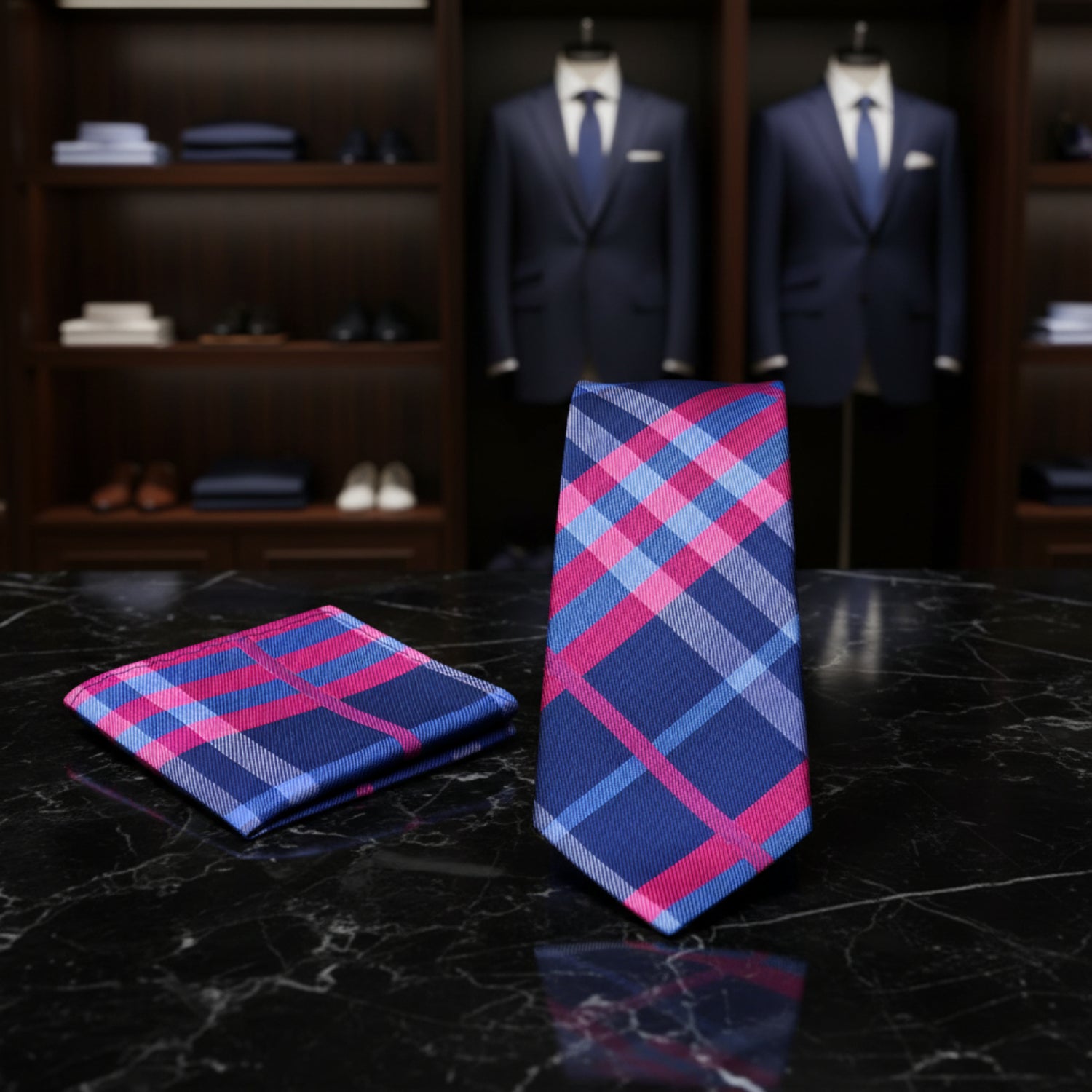 View 2: Blue Pink Plaid Tie and Square