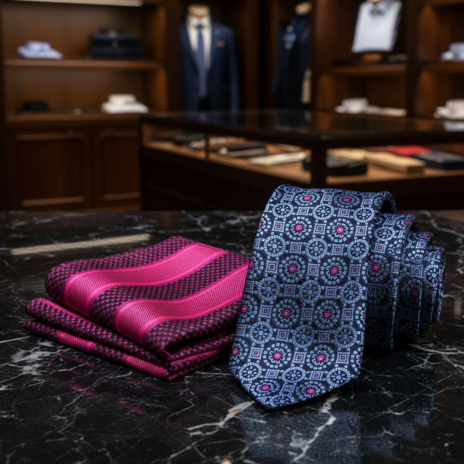 Pink and black patterned tie and pocket square set on a white background