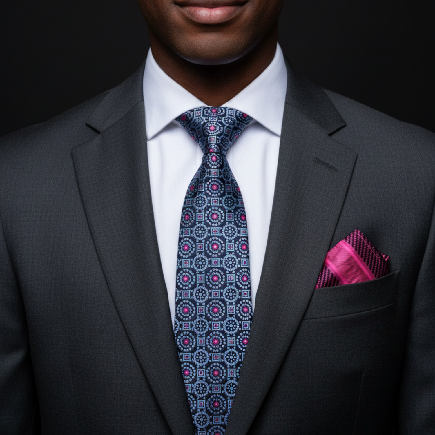 Man wearing a dark gray suit with a patterned tie and pink pocket square on a black background