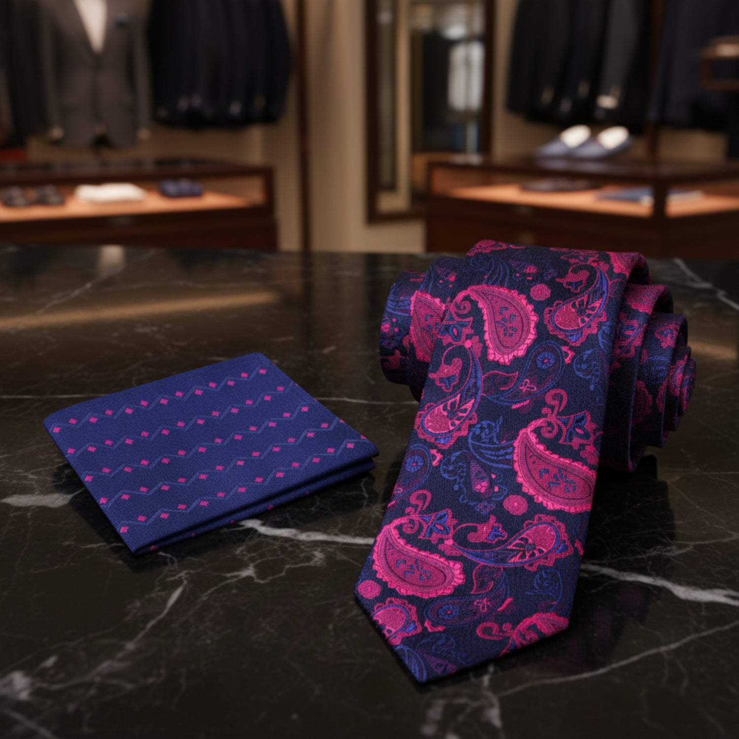 Navy blue tie with pink paisley pattern and blue and pink geometric pocket square 