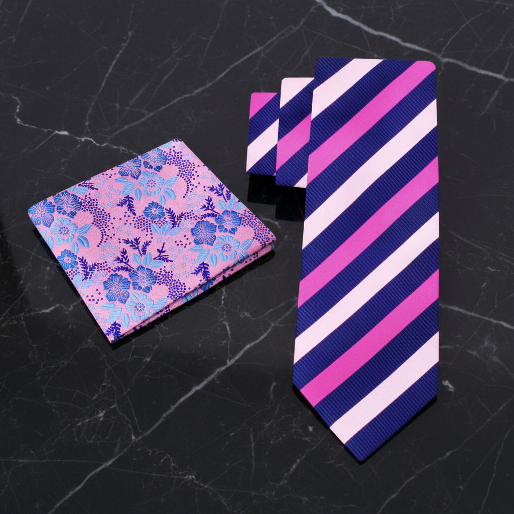 Alt View: Blue with Shades of Pink Stripe Necktie and Pink Blue Floral Square