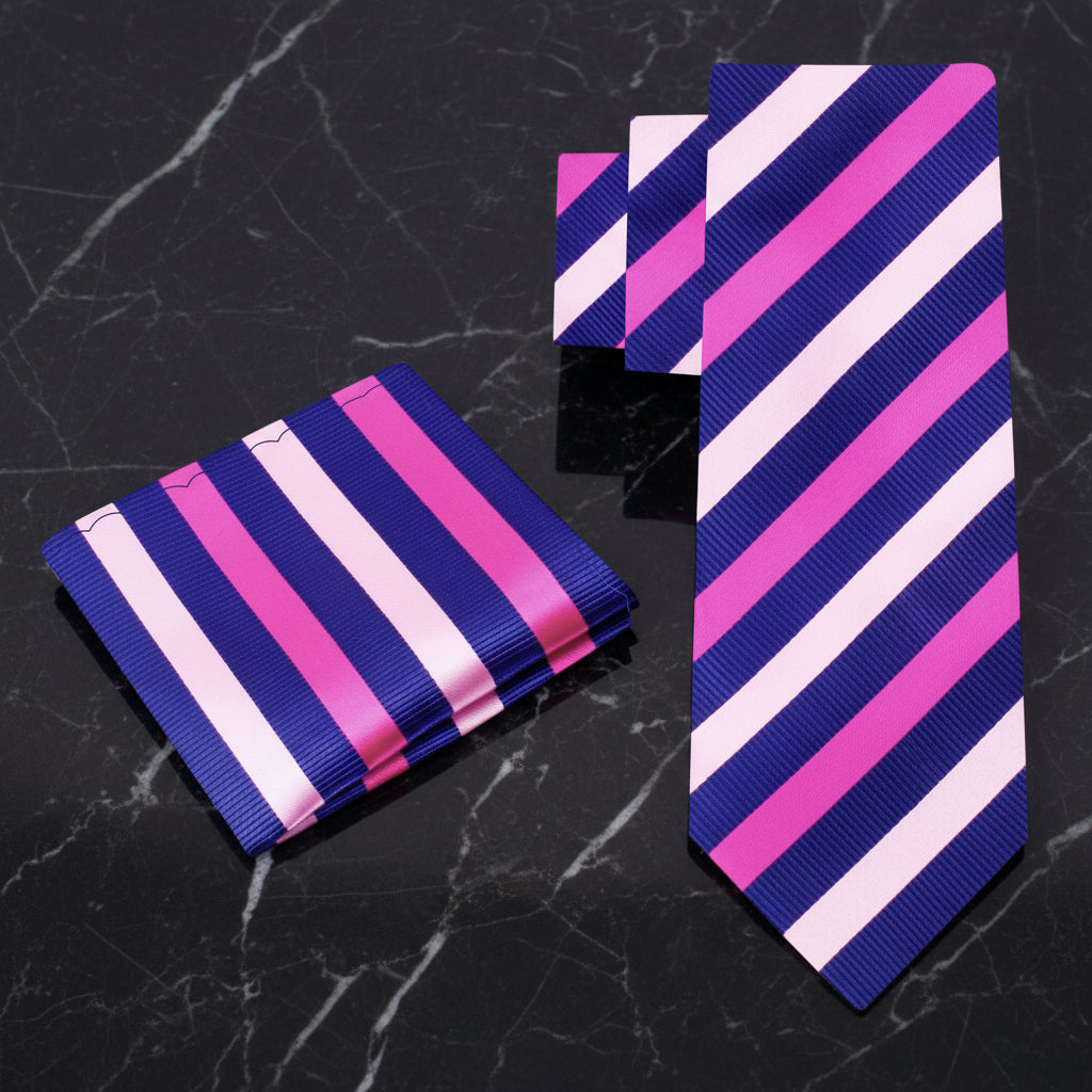 Alt View: Blue with Shades of Pink Stripe Necktie and Matching Square