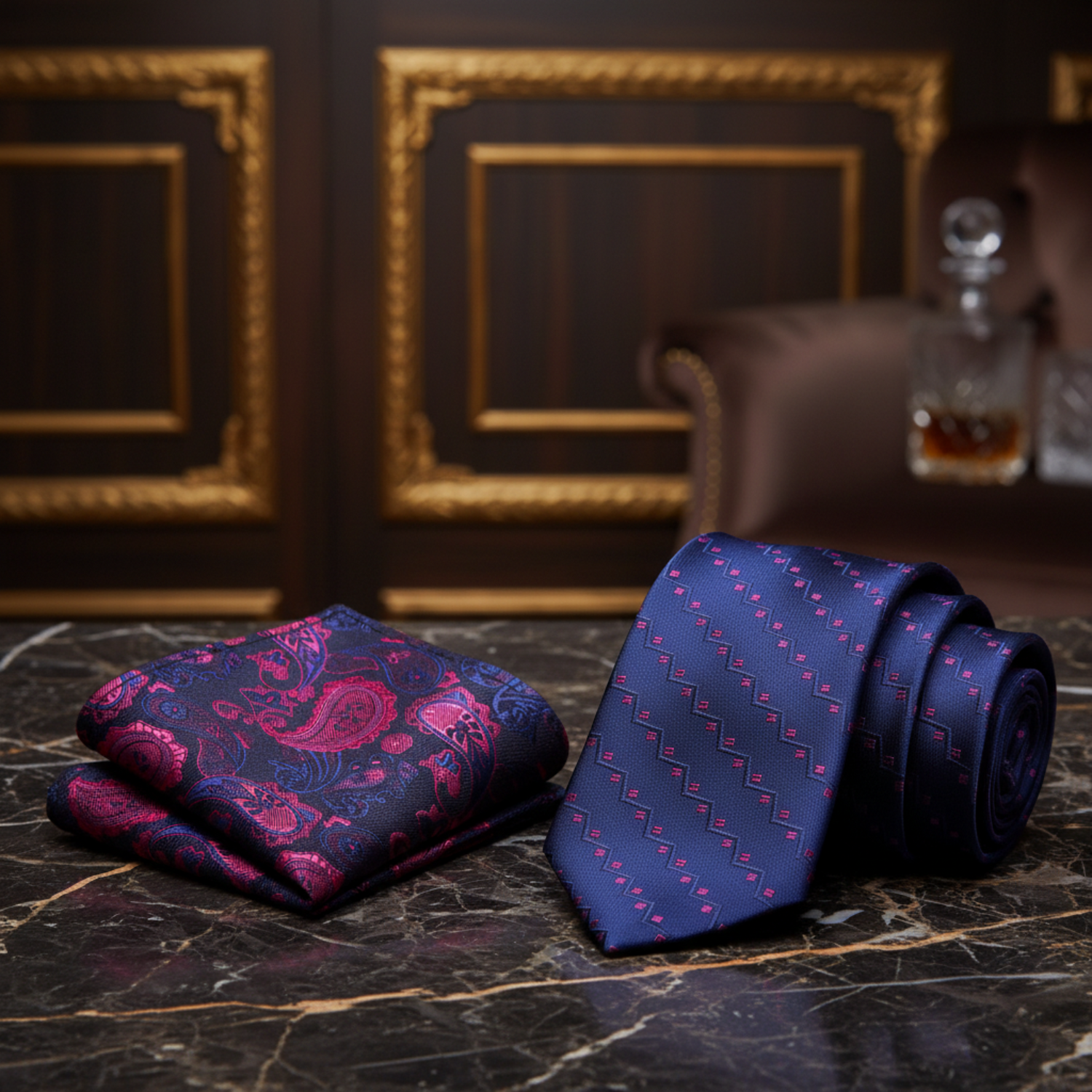 Alt Blue and Pink Dots and lines Necktie and Accenting Blue Pink Paisley Square