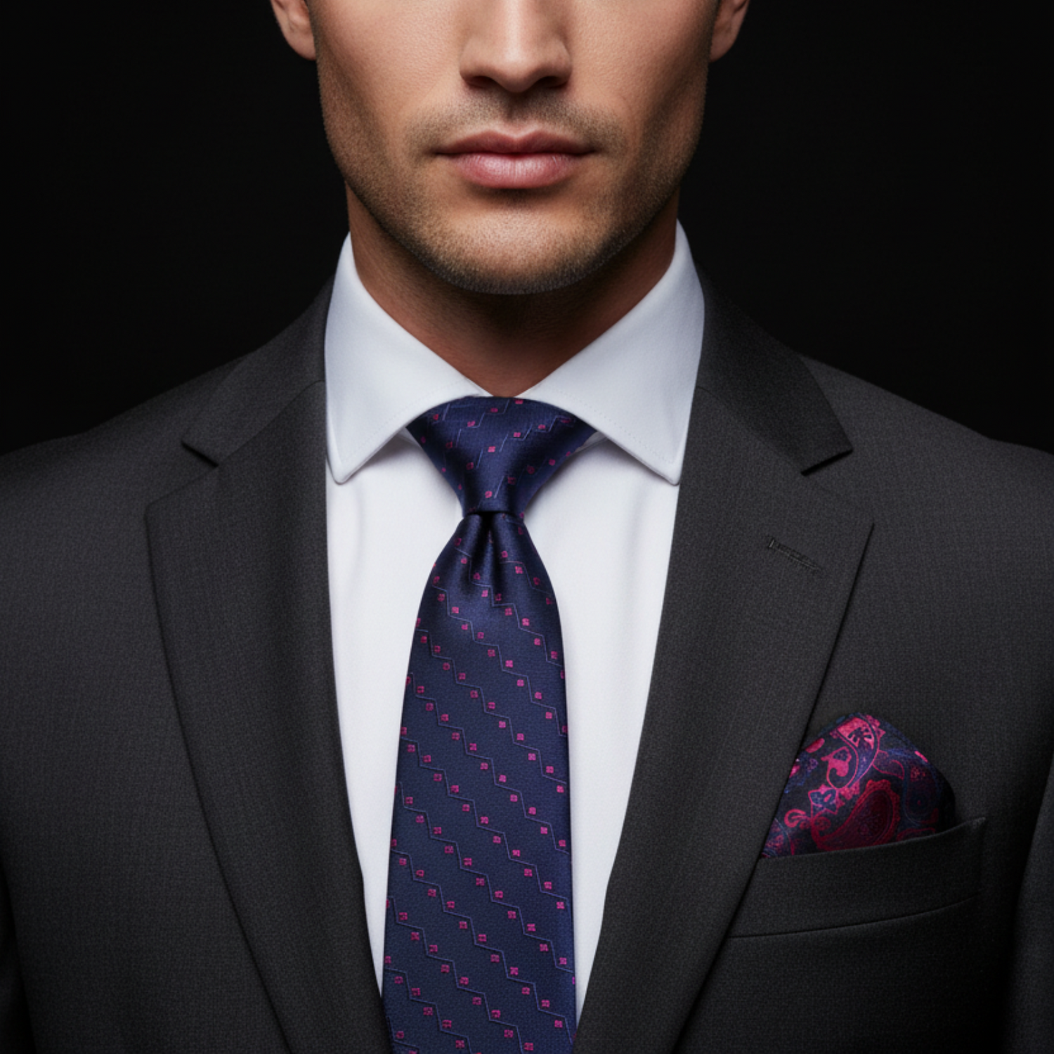 Man wearing a dark suit with a patterned tie and pocket square against a black background