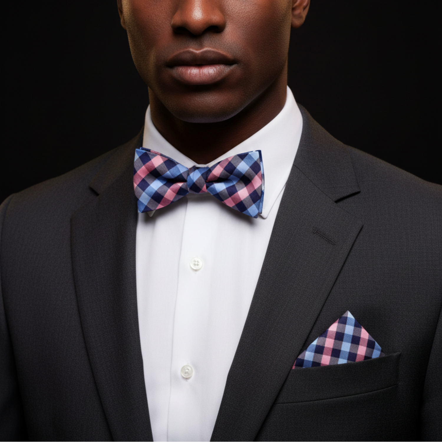 Man wearing a black suit with a blue and pink checkered bow tie and pocket square against a black background
